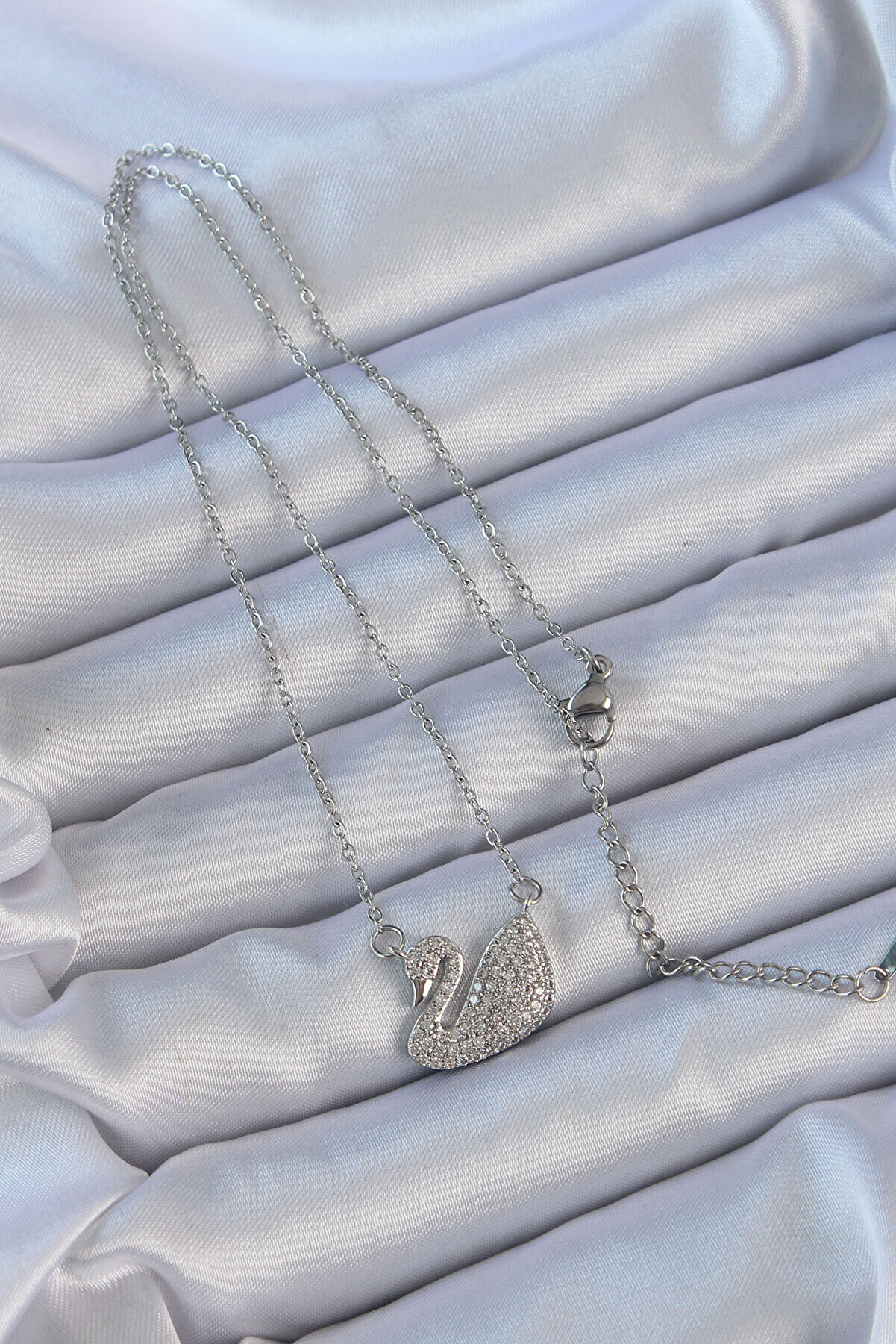 316L Çeli̇k Zi̇nci̇r Gümüş Renk Zi̇rkon Taşlı Kuğu Ke