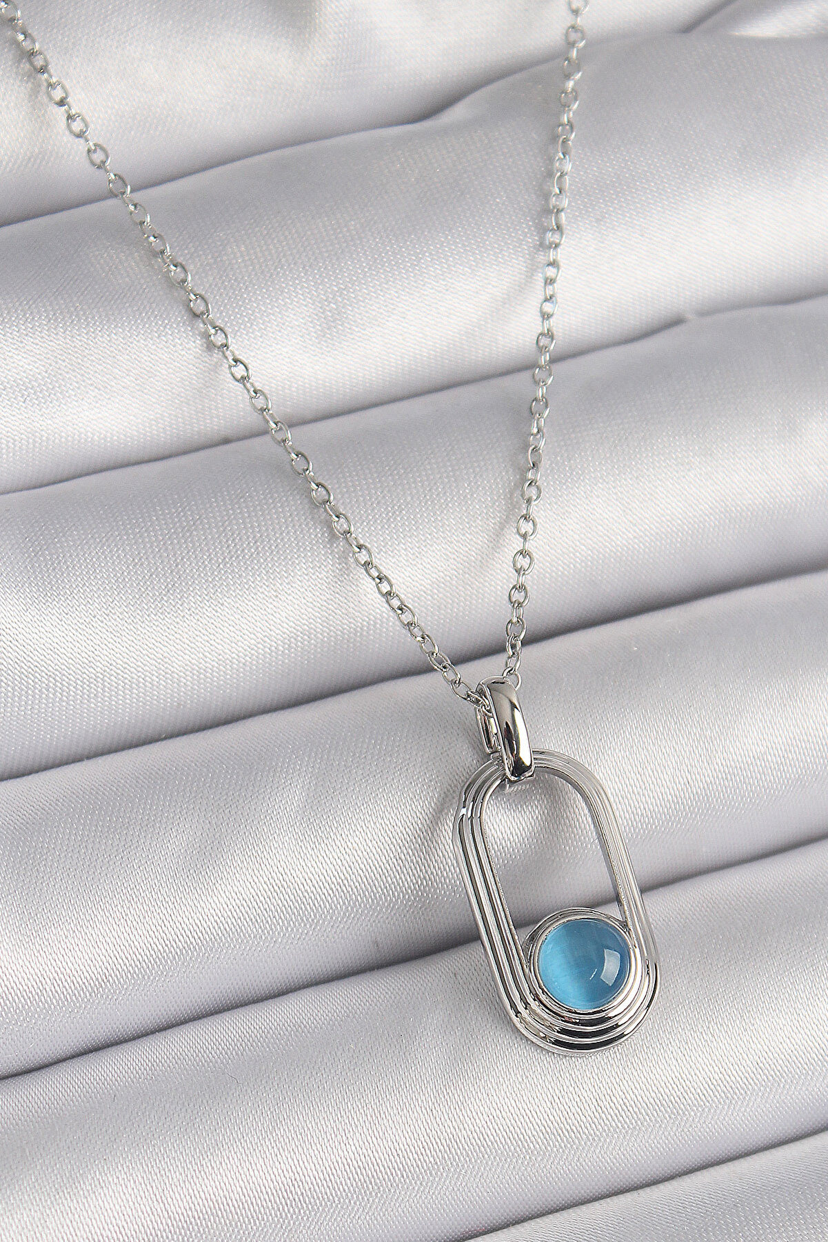 Toptan Bulurum 316L &Ccedil;elik G&uuml;m&uuml;ş Renk Zincir Mavi Kedi G&ouml;z Model Kadın Ke