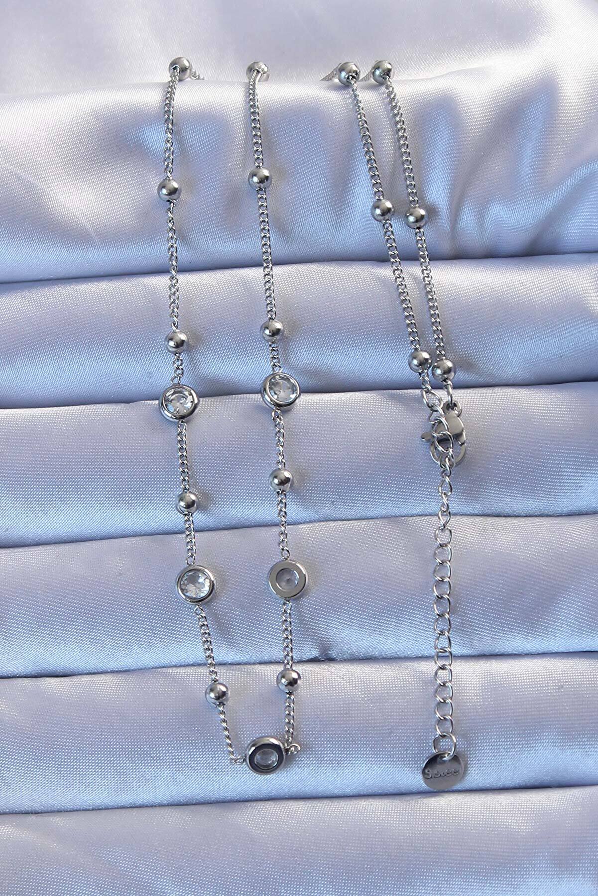 316L Çeli̇k Gümüş Renk Zi̇rkon Taşlı Top Zi̇nci̇rli̇ Ke