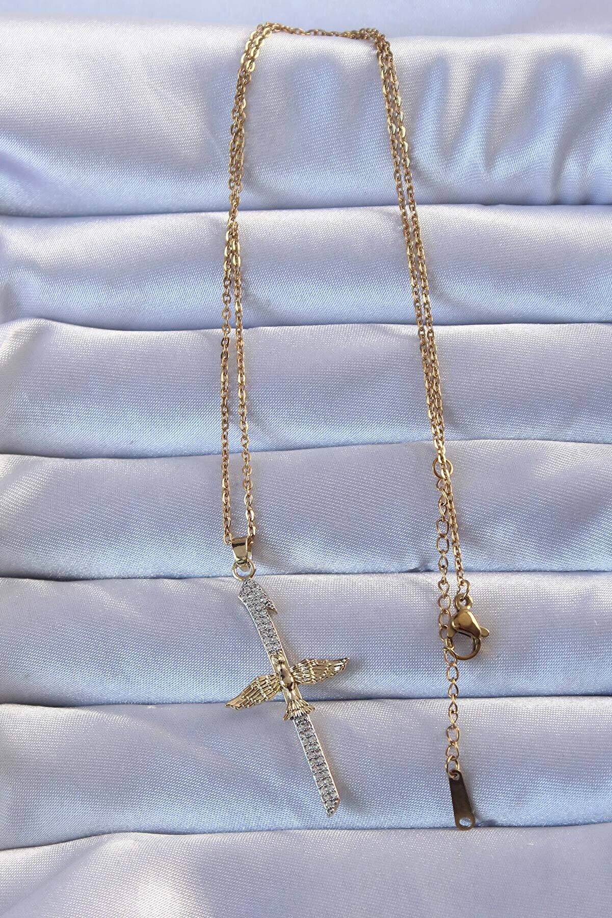 316L Altın Renk Zi̇rkon Taşlı Kılıç Model Anka Kuşu Ke