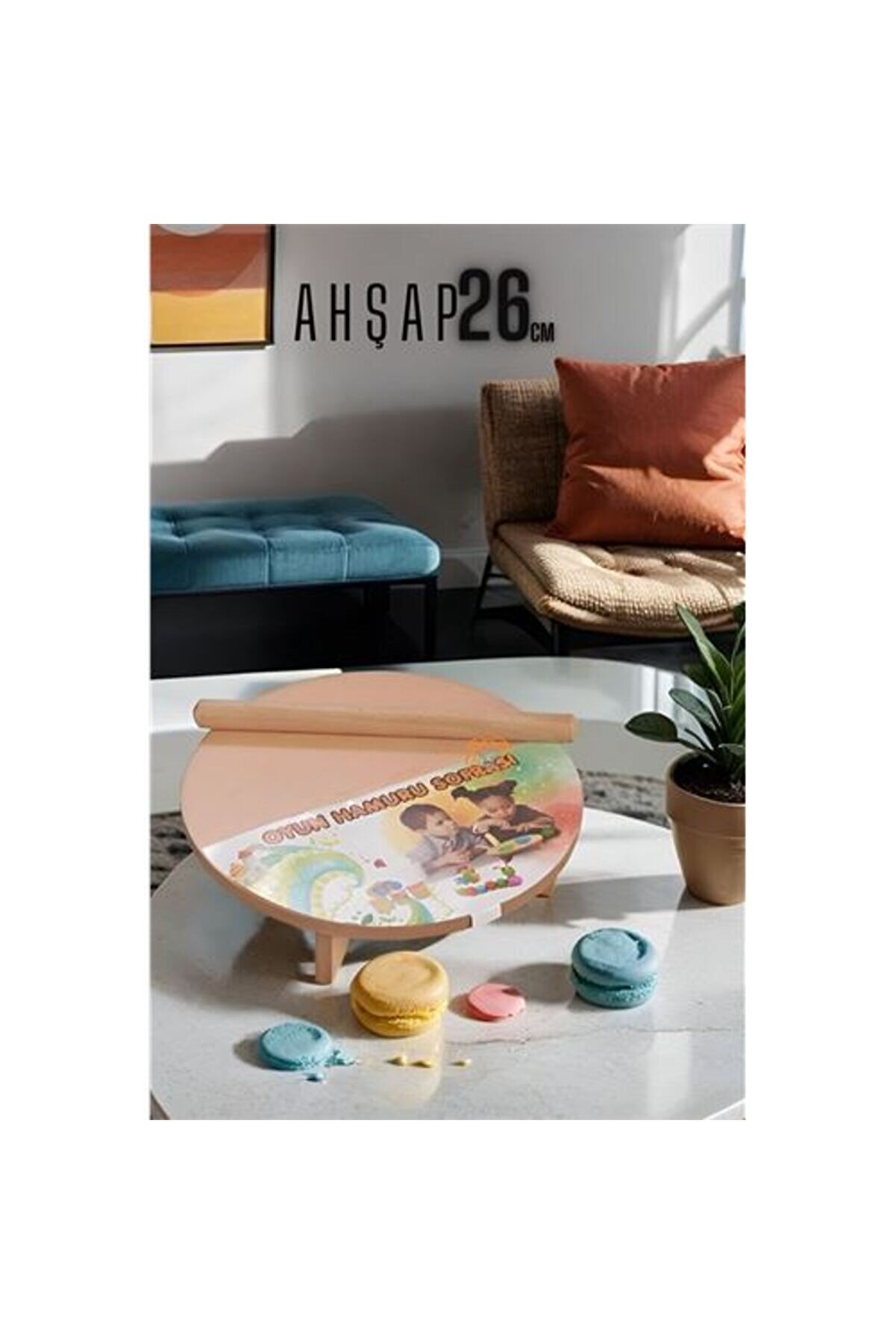 Toptan Bulurum Çocuk 26 cm Ahşap Hamur Açma Masası Mini Oklava ile Oyun Hamuru Tahtası