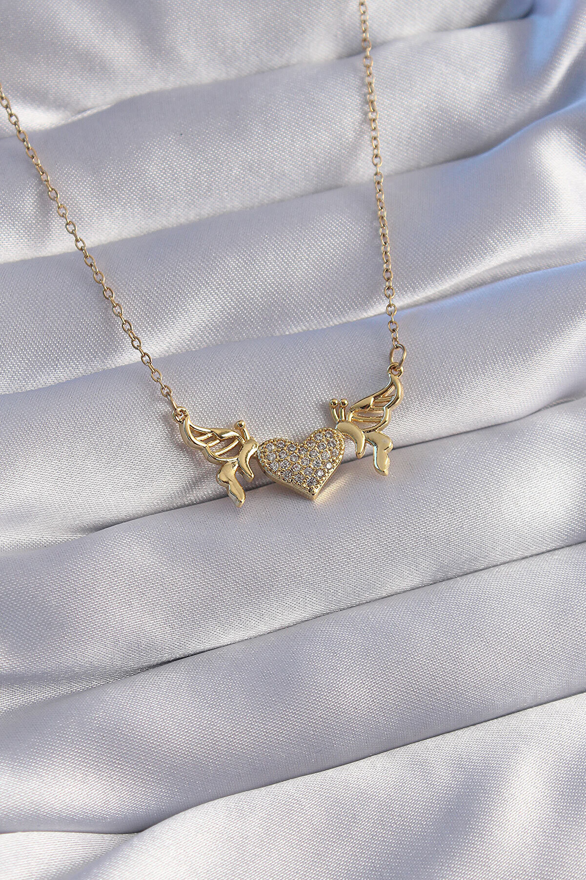 Toptan Bulurum 316L Çelik Zincir Gold Renk Zirkon Taşlı Kalp Model Detay Ke