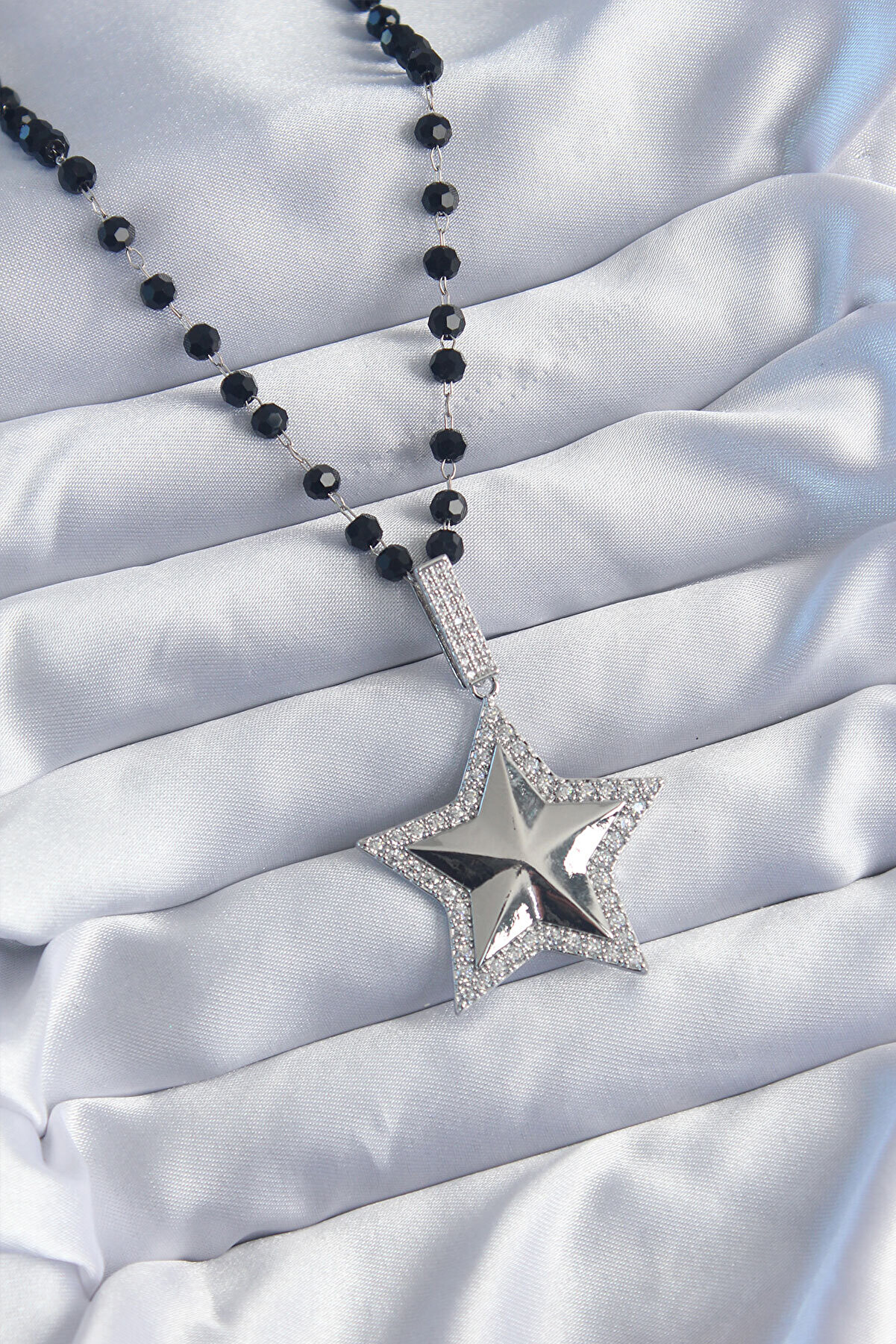 Toptan Bulurum Gümüş Renk Siyah Boncuk Zirkon Taşlı Pirinç Yıldız Model VİP Seri Kadın Ke