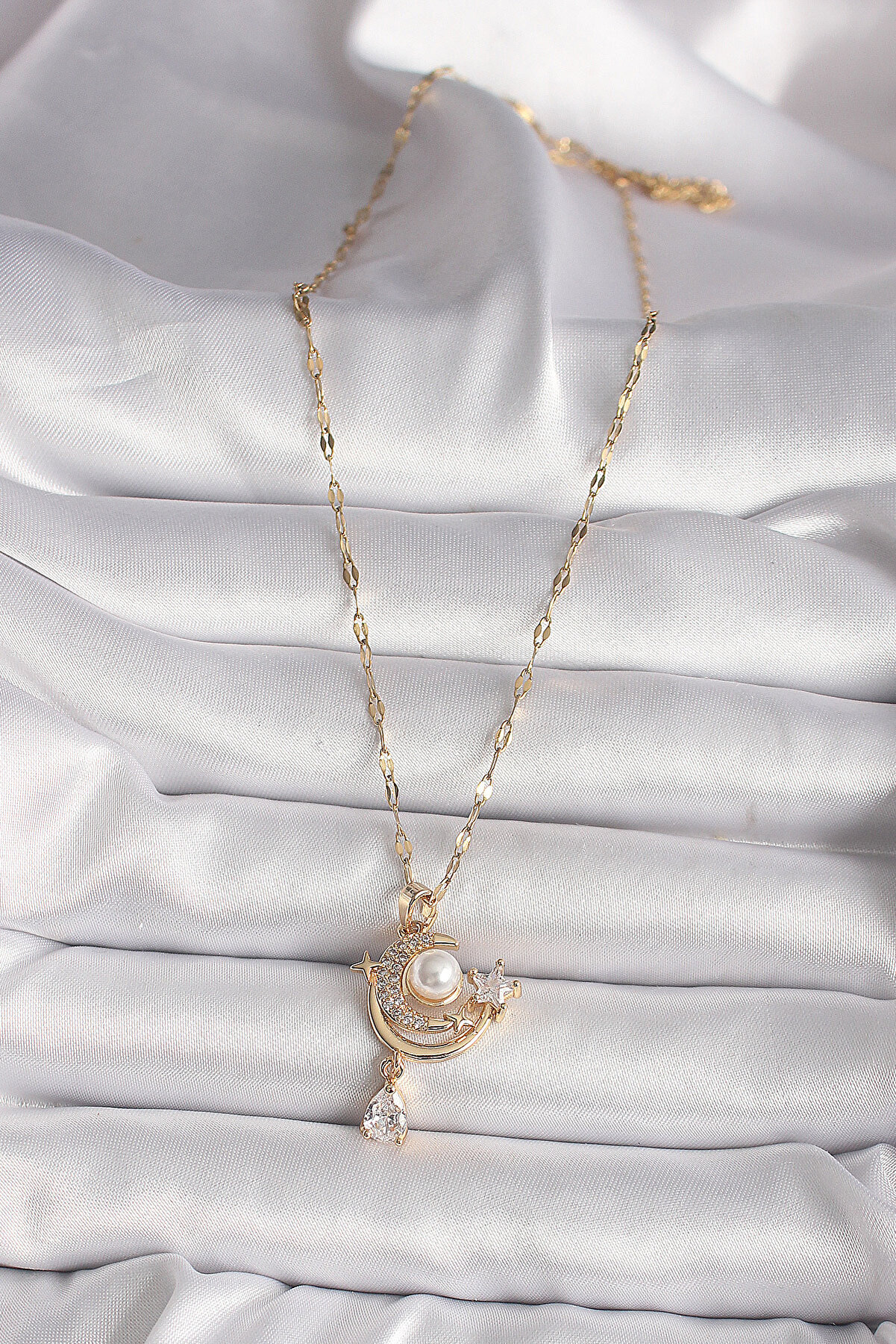 316L Gold Renk Zi̇rkon Taşlı Ay Yıldız Model Sallantı Detay Kadın Ke