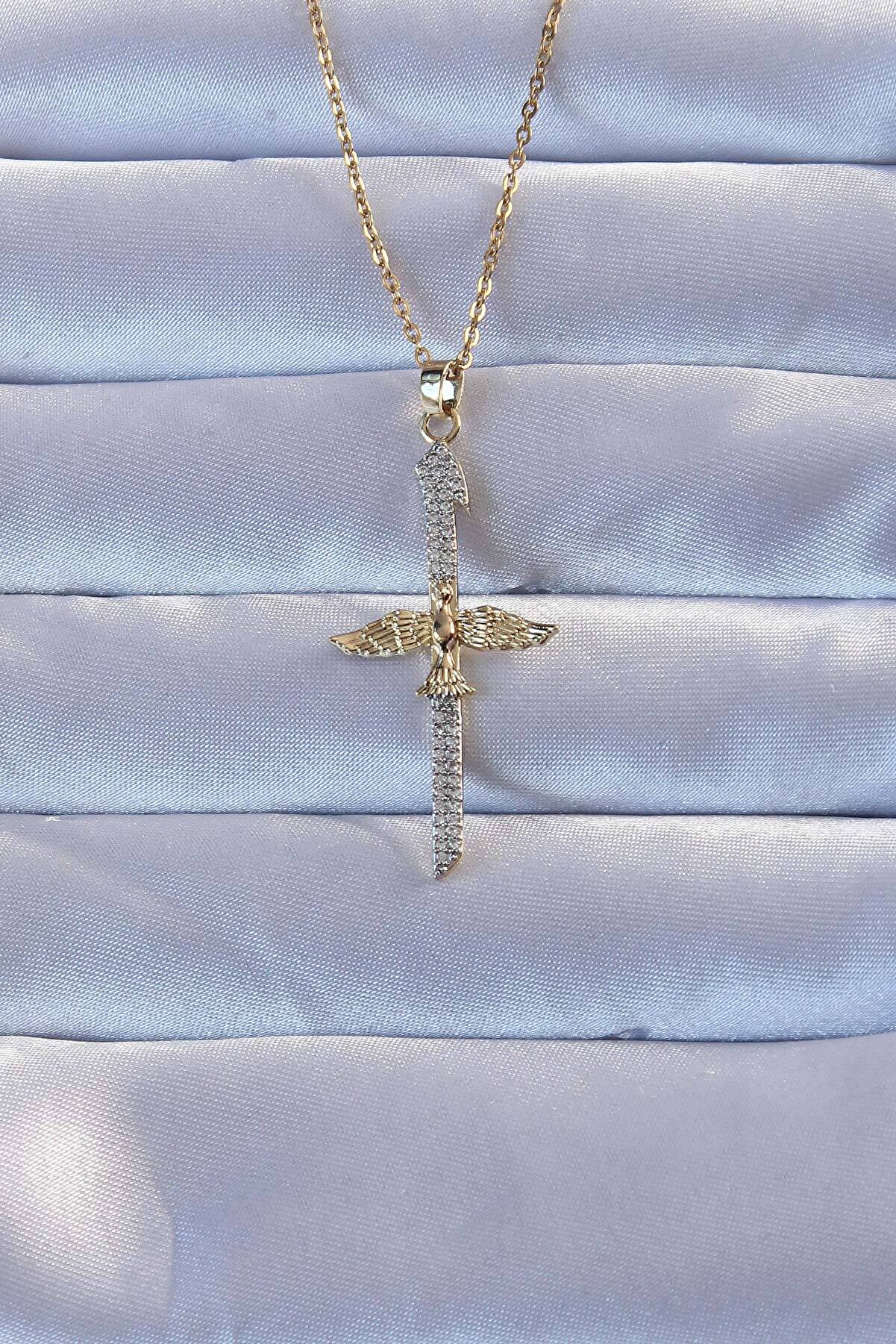 Toptan Bulurum 316L Altın Renk Zirkon Taşlı Kılıç Model Anka Kuşu Ke