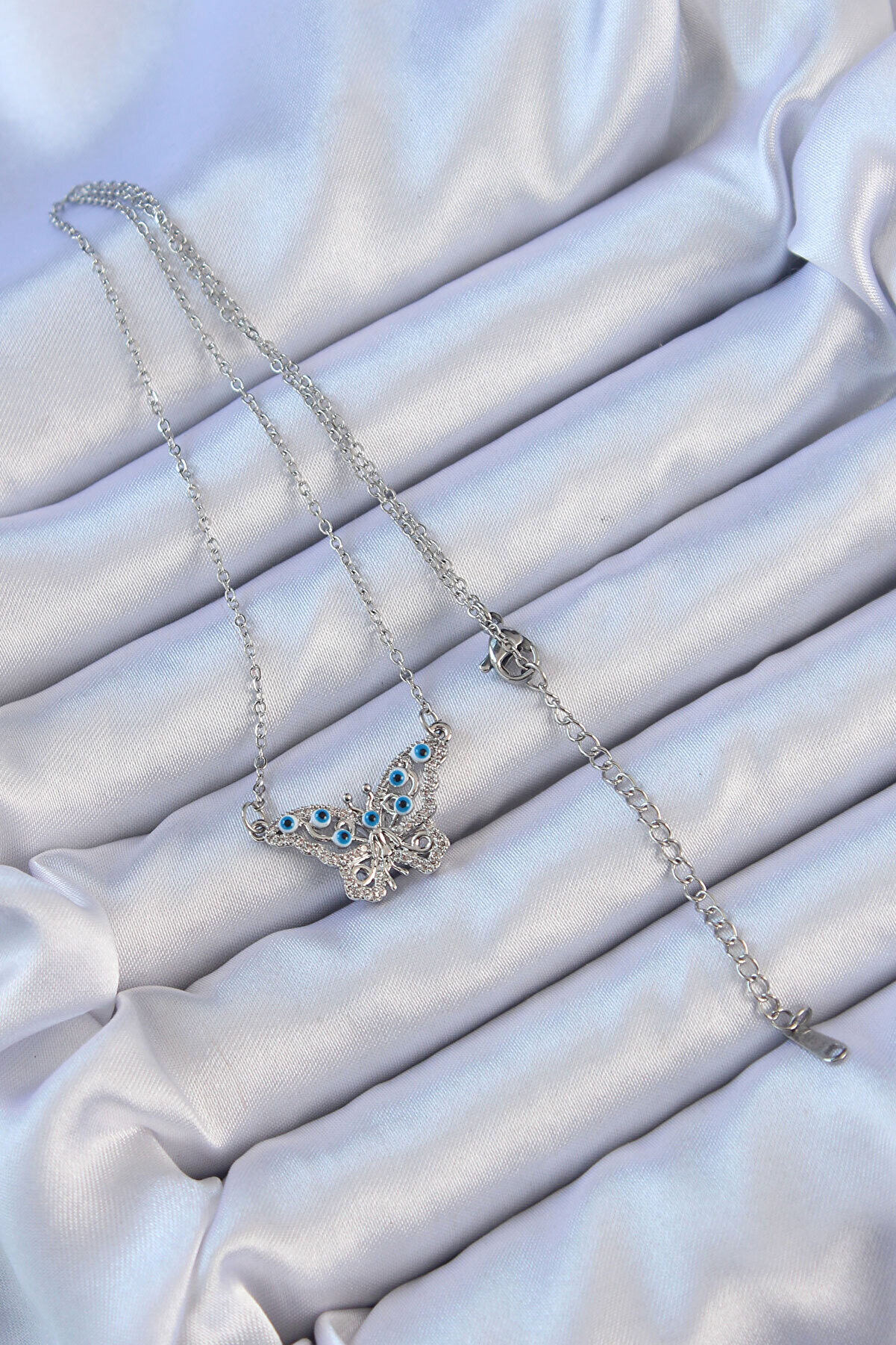 316L Çeli̇k Zi̇nci̇r Gümüş Renk Zi̇rkon Taşlı Nazarlı Ke