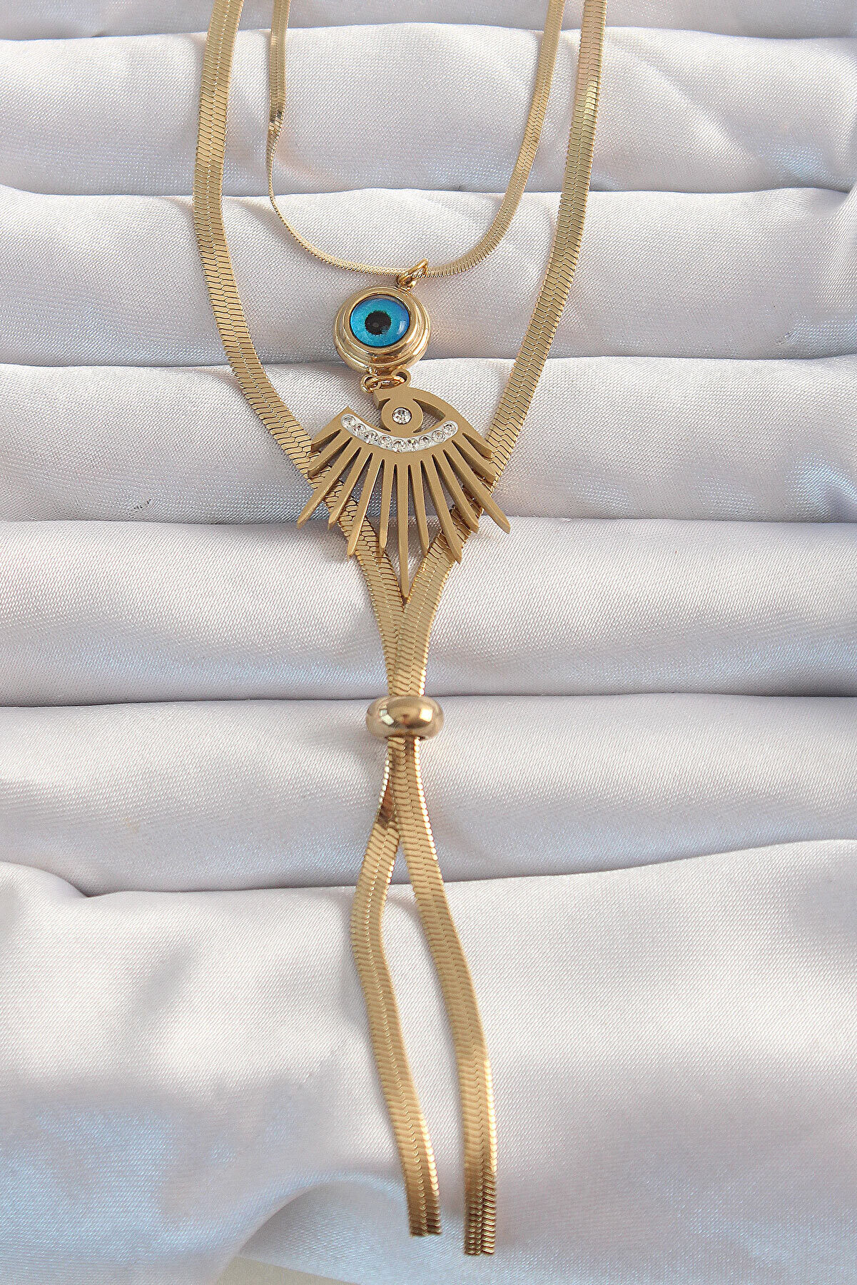 Toptan Bulurum 316L Çelik Gold Renk Zirkon Taşlı Göz Detay Nazarlı Uzun Asansör Model Ke