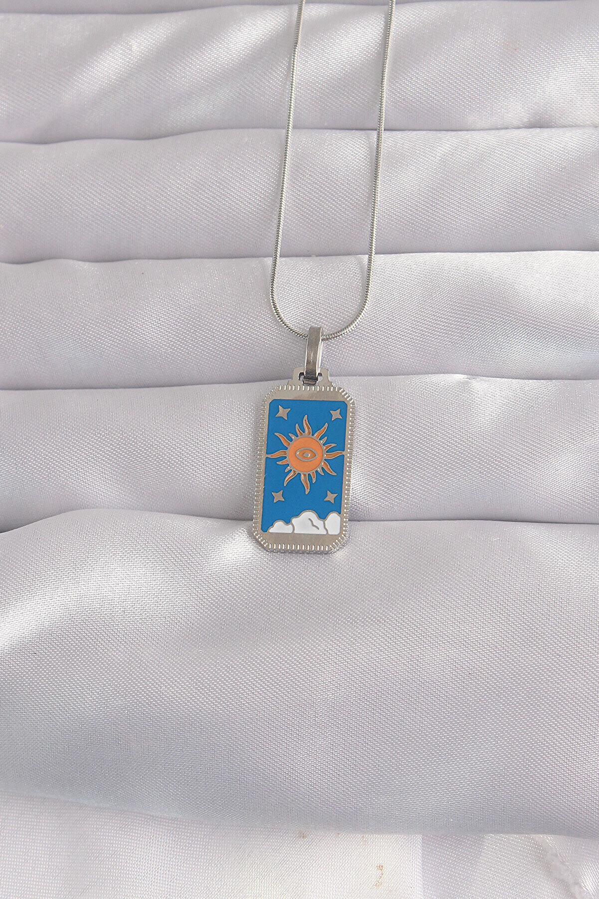 Toptan Bulurum 316L Çelik Gümüş Renk Mavi Mineli Güneş Model Tarot Ke