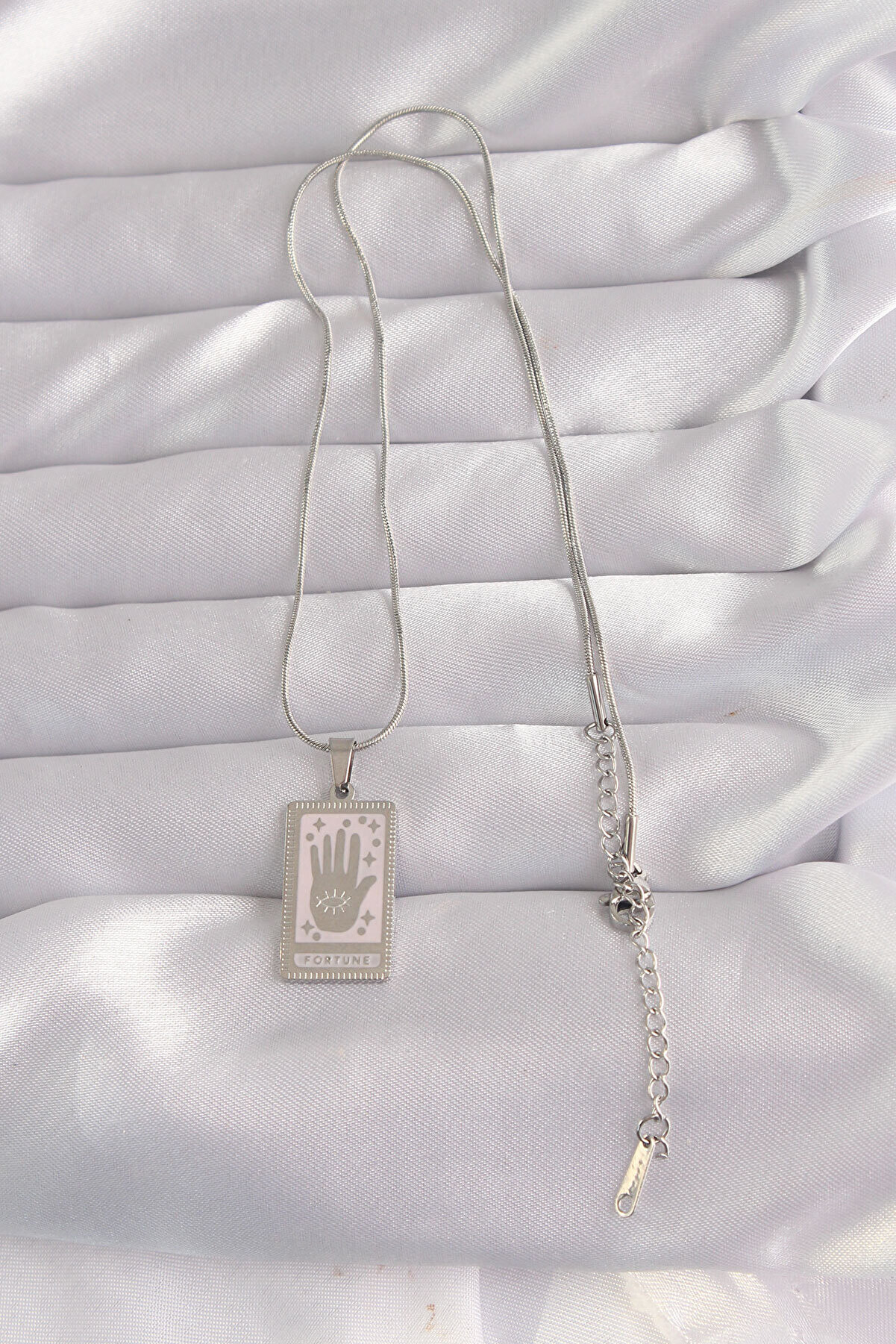 316L &Ccedil;eli̇k G&uuml;m&uuml;ş Renk Pembe Mi̇neli̇ El Fi̇g&uuml;r Tarot Ke