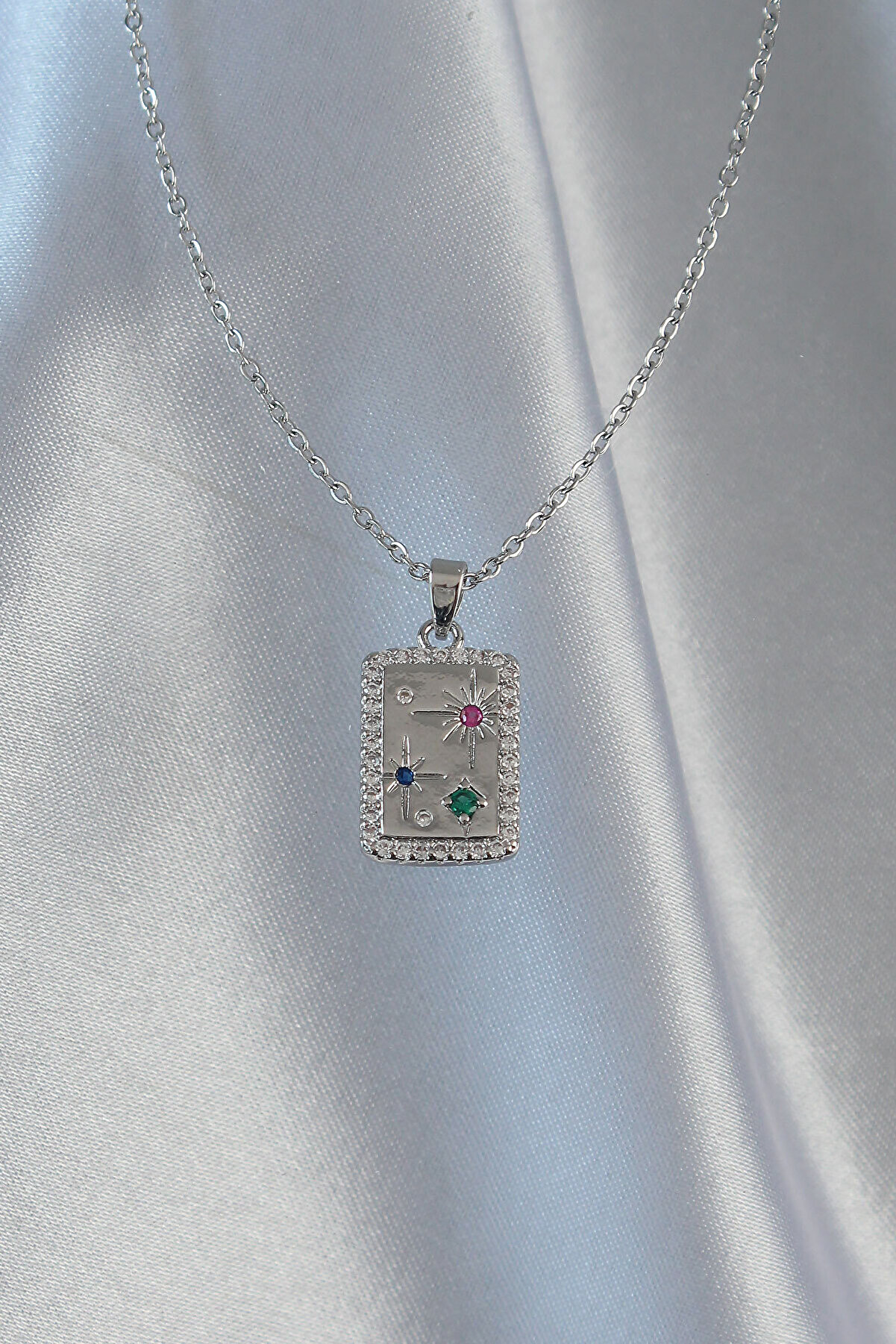 316L Çeli̇k Zi̇nci̇r Gümüş Renk Renkli̇ Zi̇rkon Taşlı Vi̇ntage Ke