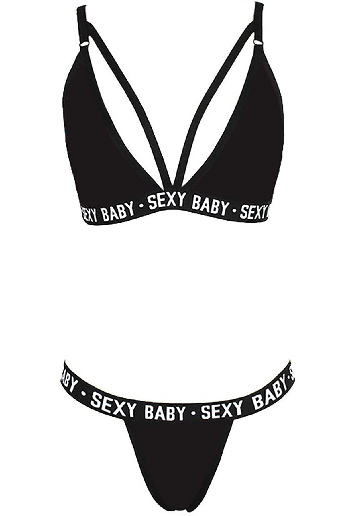 Ethab Ti̇caret Kadın Si̇yah Yazı Detaylı Ipli̇ S&uuml;tyen Takımı