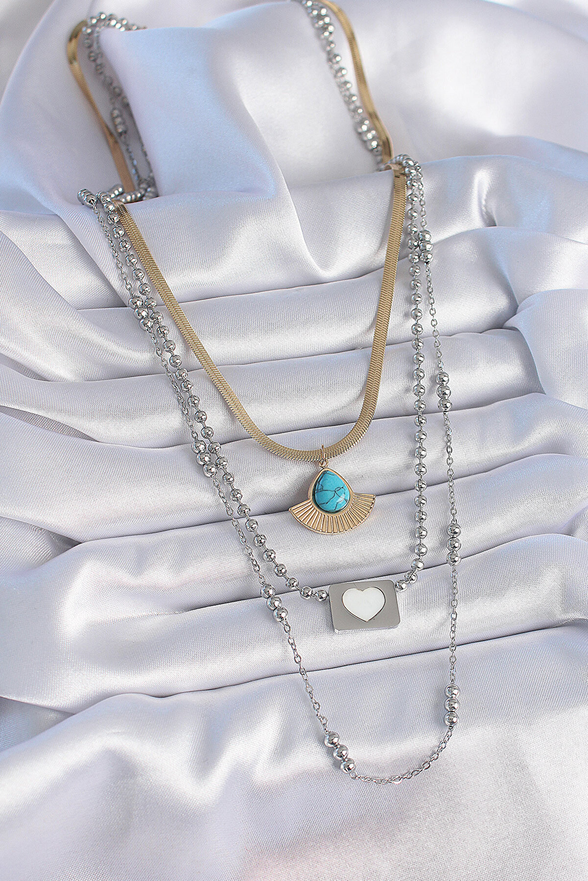 316L &Ccedil;eli̇k Mi̇x Renk 3 L&uuml; Zi̇nci̇r Damla Madalyon Fi̇g&uuml;r Uzun Kadın Ke