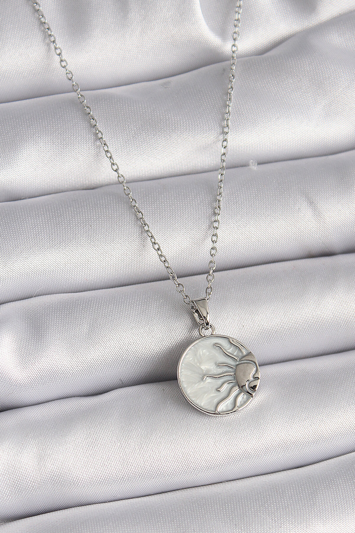 Toptan Bulurum 316L Çelik Gümüş Renk Zincir Beyaz Sedefli Gün Batımı Model Kadın Ke