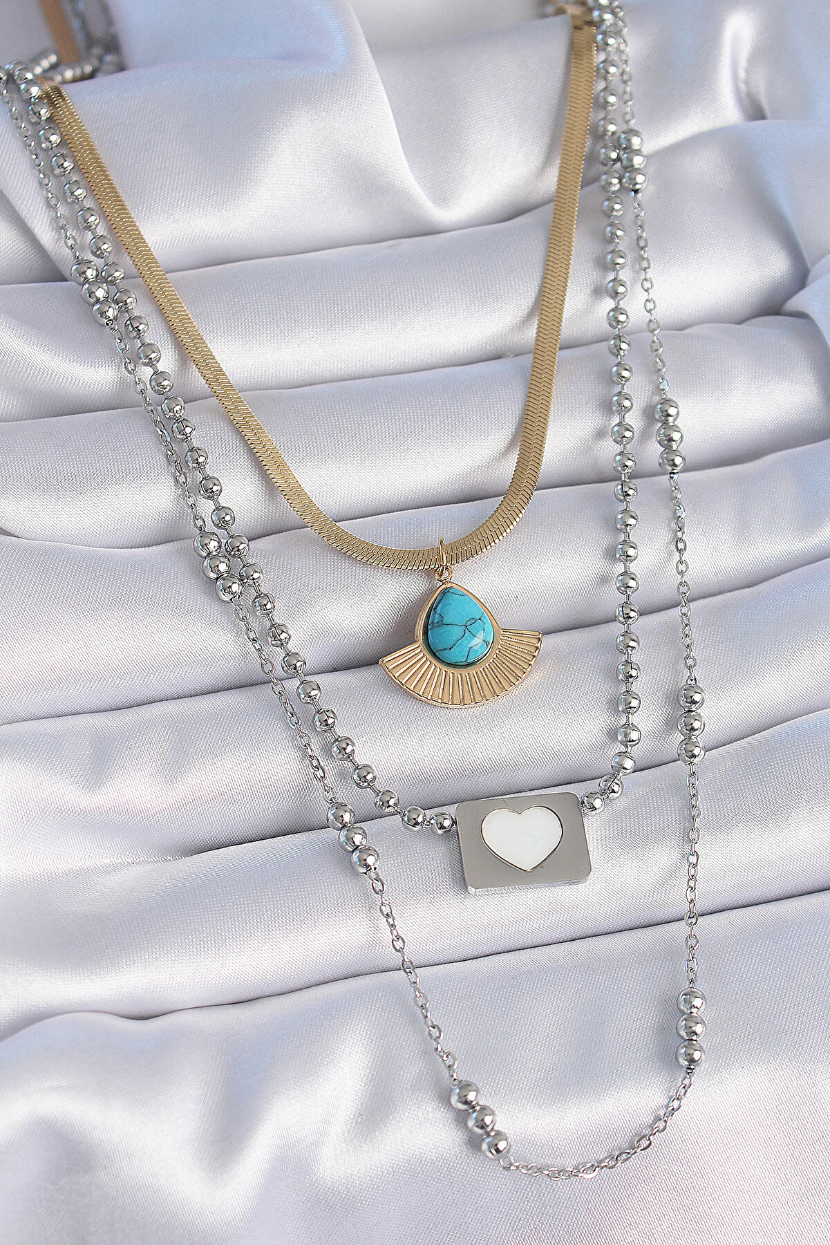 Toptan Bulurum 316L &Ccedil;elik Mix Renk 3'l&uuml; Zincir Damla Madalyon Fig&uuml;r Uzun Kadın Ke