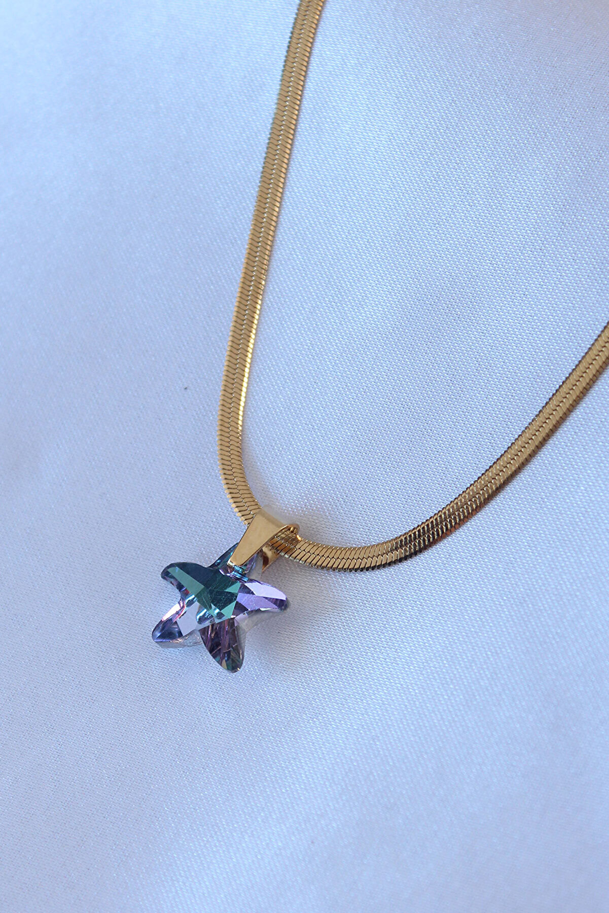 Toptan Bulurum 316L Çelik Gold Renk İtalyan Zincir Model Kristal Deniz Yıldız Model Kadın Ke