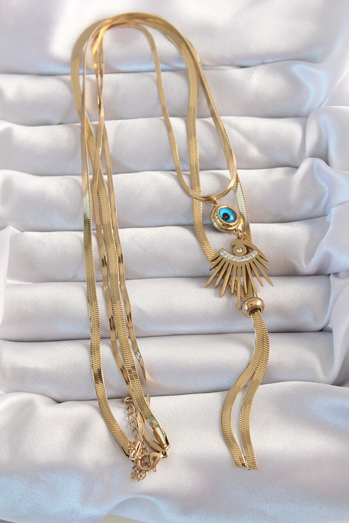 316L Çeli̇k Gold Renk Zi̇rkon Taşlı Göz Detay Nazarlı Uzun Asansör Model Ke