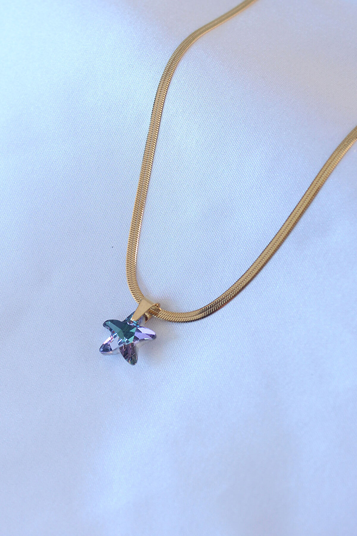 316L Çeli̇k Gold Renk İtalyan Zi̇nci̇r Model Kri̇stal Deni̇z Yıldız Model Kadın Ke