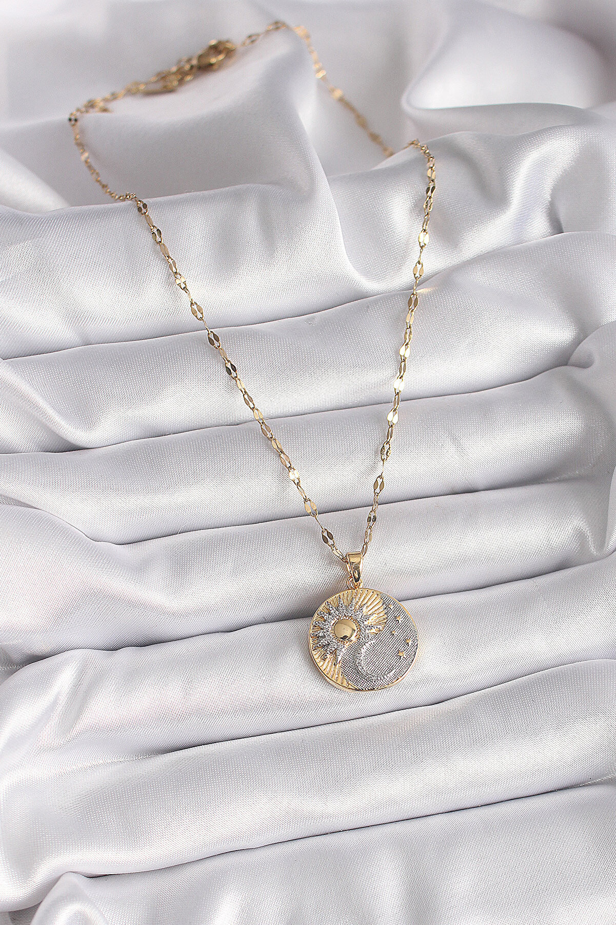 316L Çeli̇k Mi̇x Renk Zi̇nci̇r Zi̇rkon Taşlı Gün Doğumu/Batımı Madalyon Model Kadın Ke