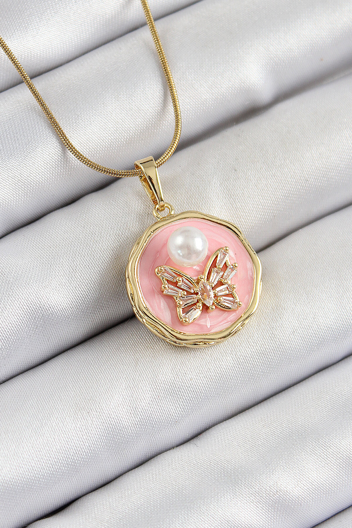 Toptan Bulurum 316L Çelik Zincir Zirkon Taşlı Pembe Sanatsal Portre İnci Detaylı Model Gold Renk Kadın Ke