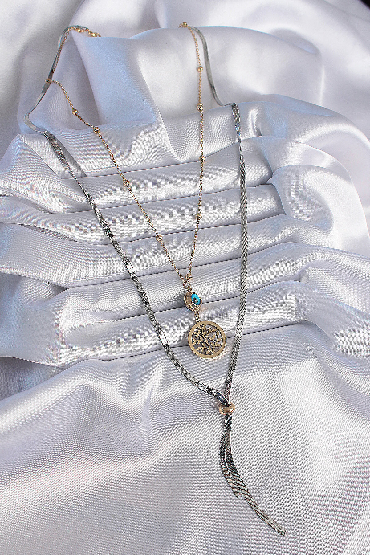 316L &Ccedil;eli̇k Mi̇x Renk Fi̇li̇z Fi̇g&uuml;r Nazar Boncuk Detay Uzun Kadın Ke