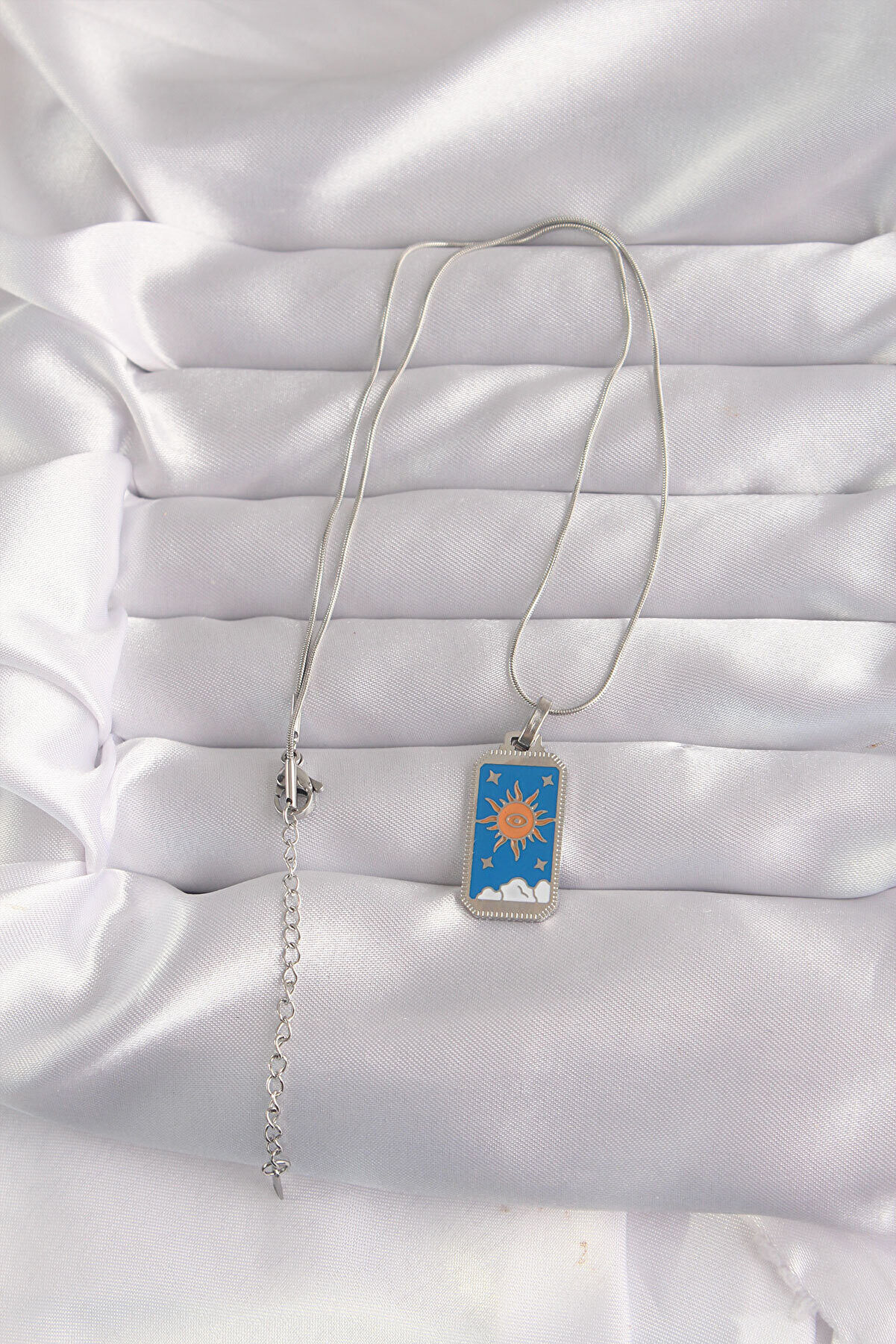 316L Çeli̇k Gümüş Renk Mavi̇ Mi̇neli̇ Güneş Model Tarot Ke