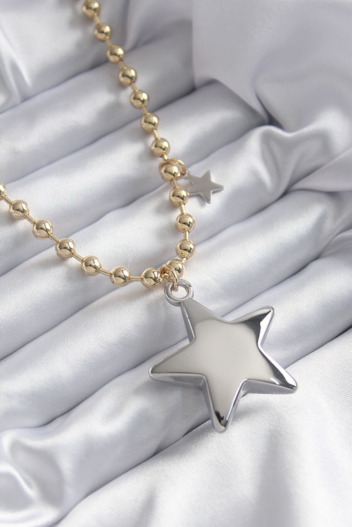 Toptan Bulurum Pirin&ccedil; Gold Renk Top&ccedil;uk Zincir G&uuml;m&uuml;ş 3D Yıldız Model Yıldız Detay VİP Kadın Ke