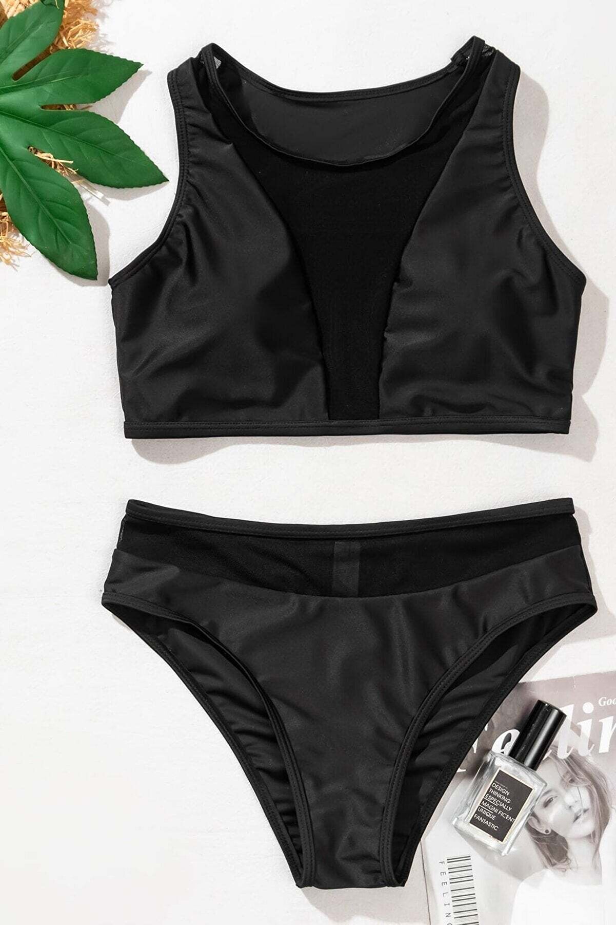 Ethab Ti̇caret Kadın Si̇yah T&uuml;l Detaylı Y&uuml;ksek Bel S&uuml;tyen Takımı