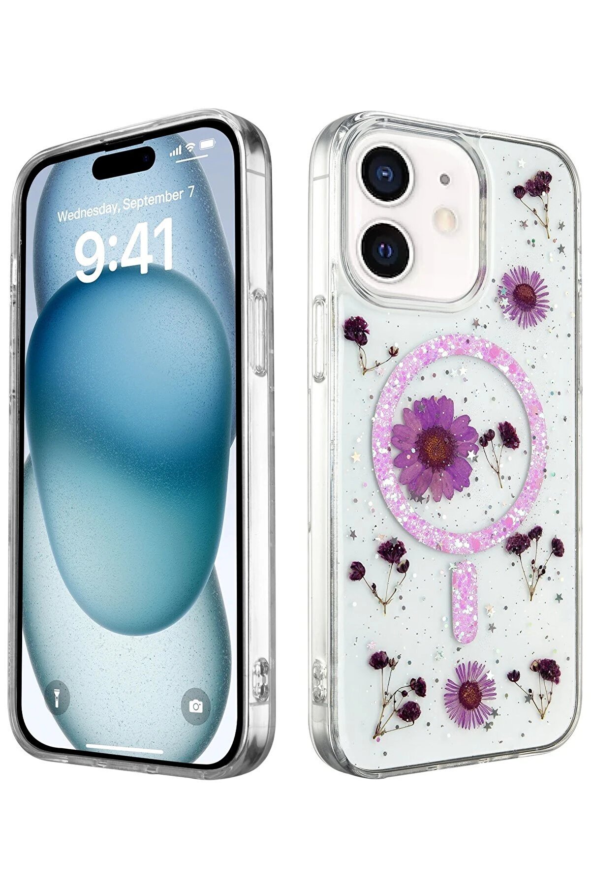 CepteToptan iPhone 12 Kılıf Daisy Simli Magsafe Kapak - Mor - DROPX1454-4368