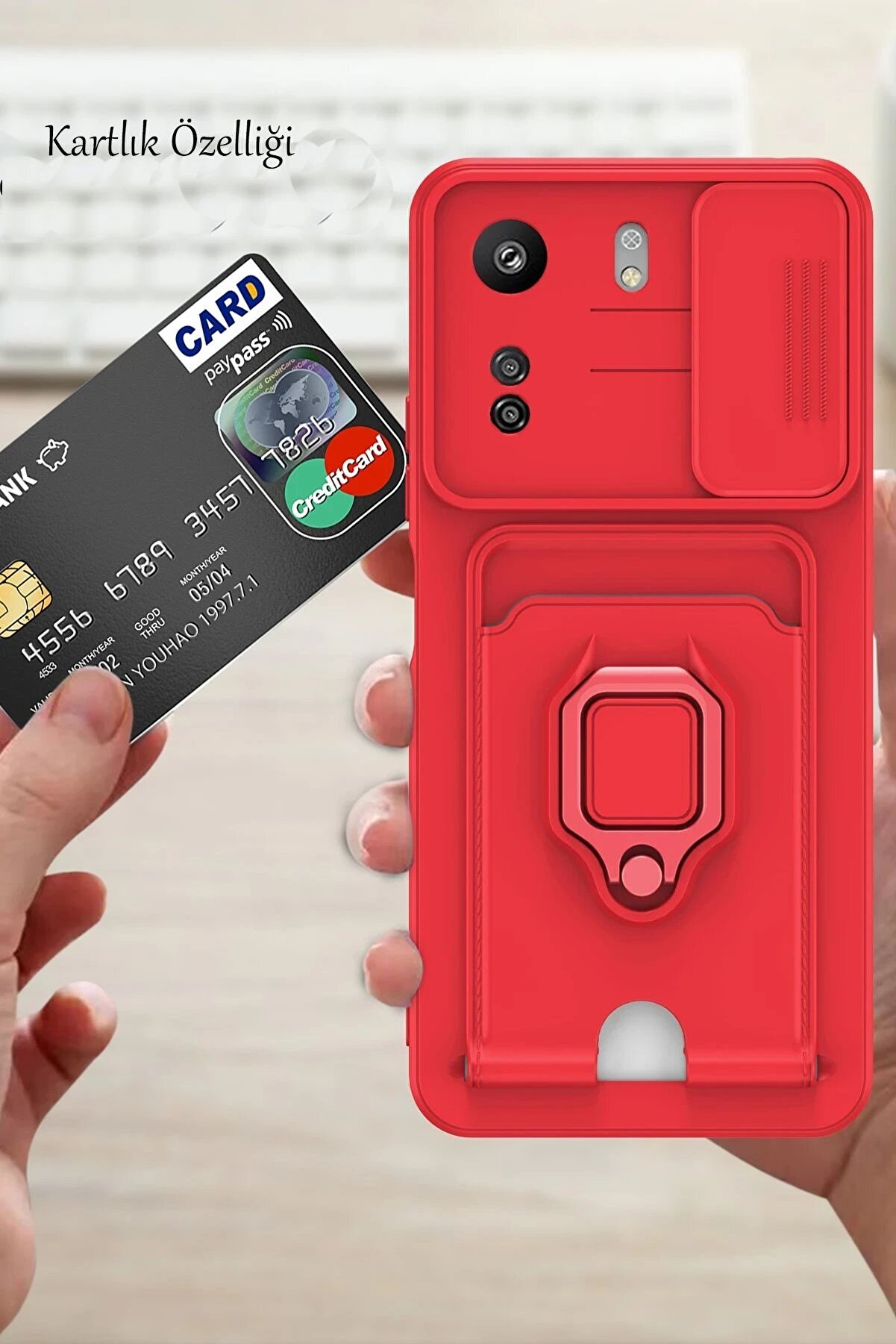 Xi̇aomi̇ Redmi̇ 13C Kılıf Zuma Kartvi̇zi̇tli̇ Y&uuml;z&uuml;kl&uuml; Si̇li̇kon - Kırmızı - Dropx4449-2504