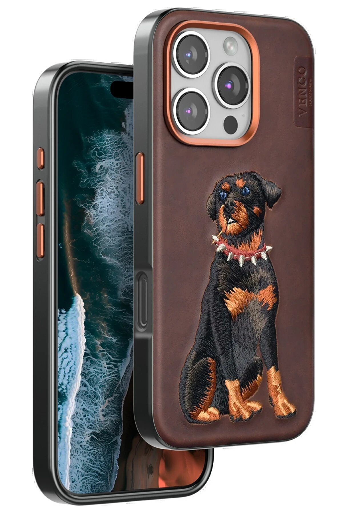 venco iPhone 16 Pro Perma Desenli Kapak - Koyu Kahve