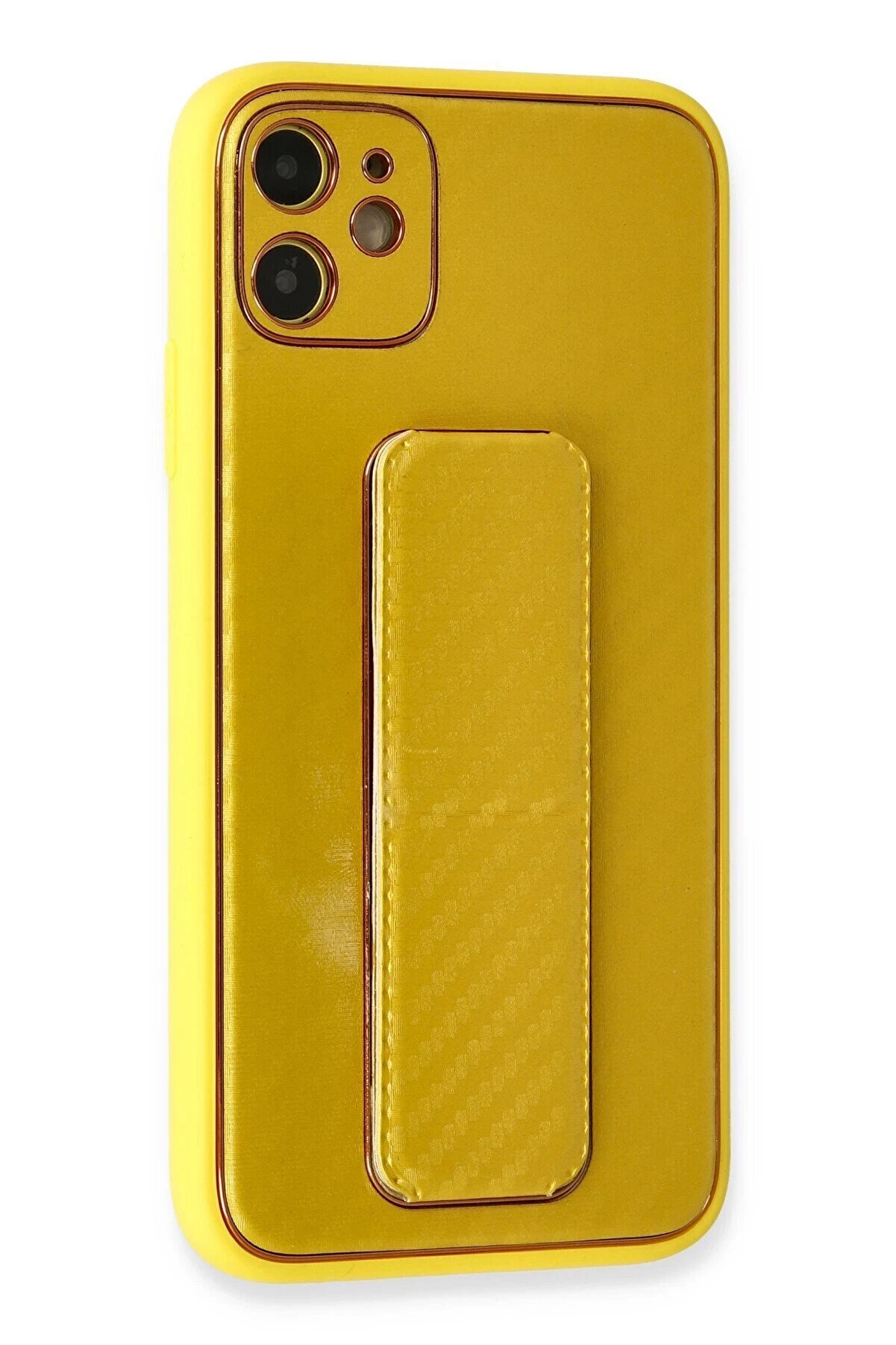 İphone 12 Kılıf Coco Karbon Standlı Kapak - Sarı - Dropx7040-7406