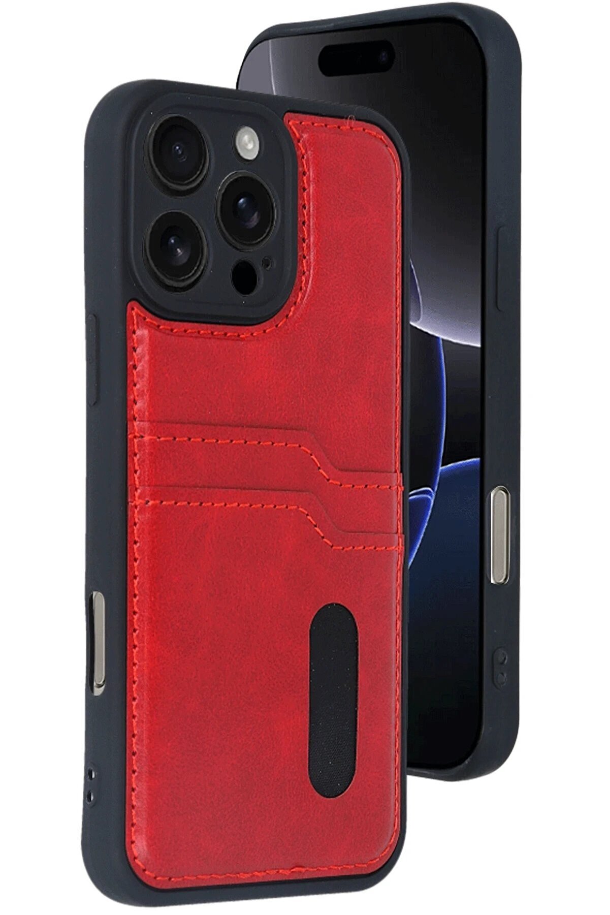 İphone 16 Pro Max Kılıf Sara Kartvi̇zi̇tli̇ Deri̇ Kılıf - Kırmızı - Dropx2313-6415