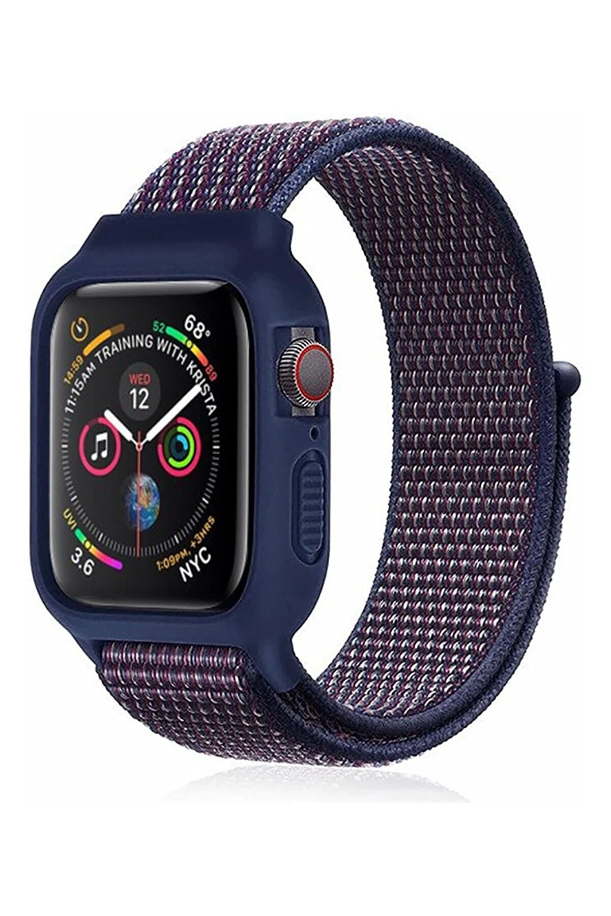 CepteToptan Apple Watch 38mm Hasırlı Cırtcırtlı Kasalı Kordon - Lacivert-Mürdüm - DROPX3975-3438