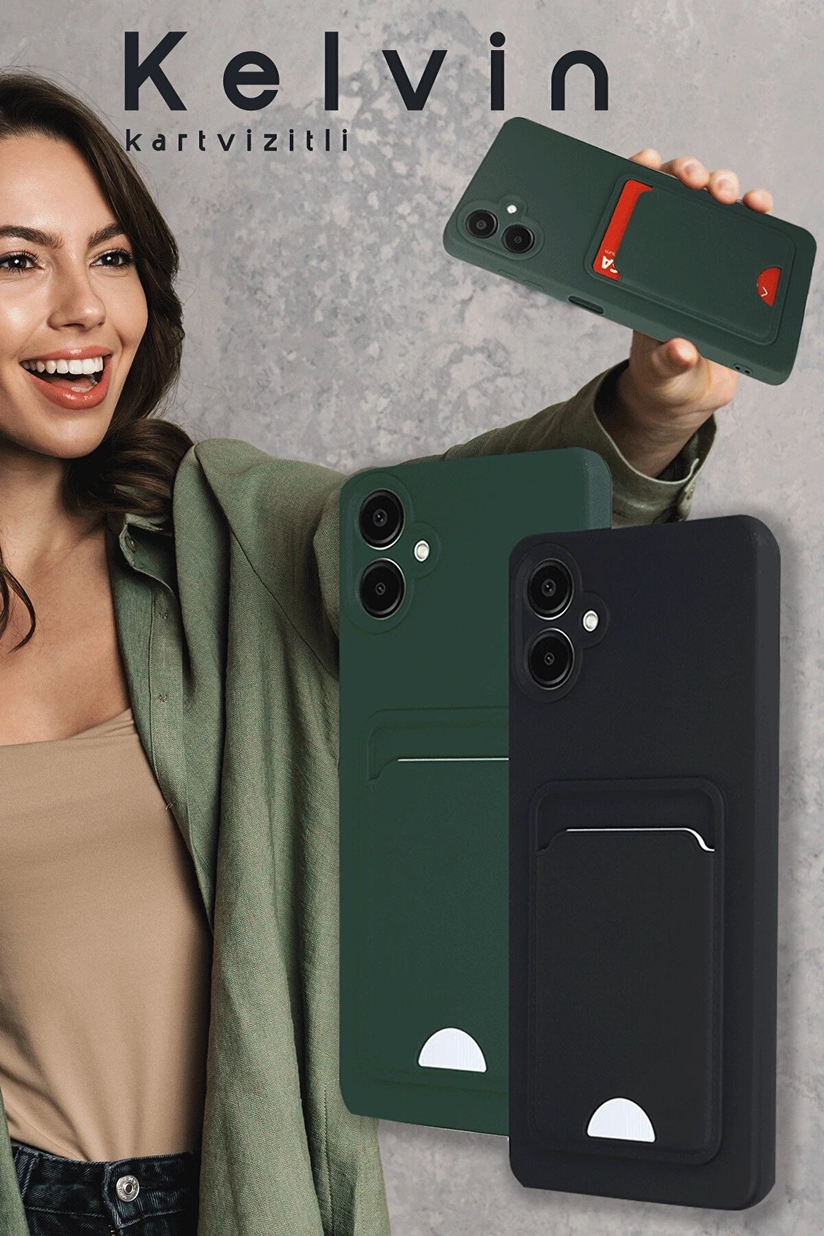 Samsung Galaxy A06 Kılıf Kelvi̇n Kartvi̇zi̇tli̇ Si̇li̇kon - Koyu Yeşi̇l - Tnc7579-8598