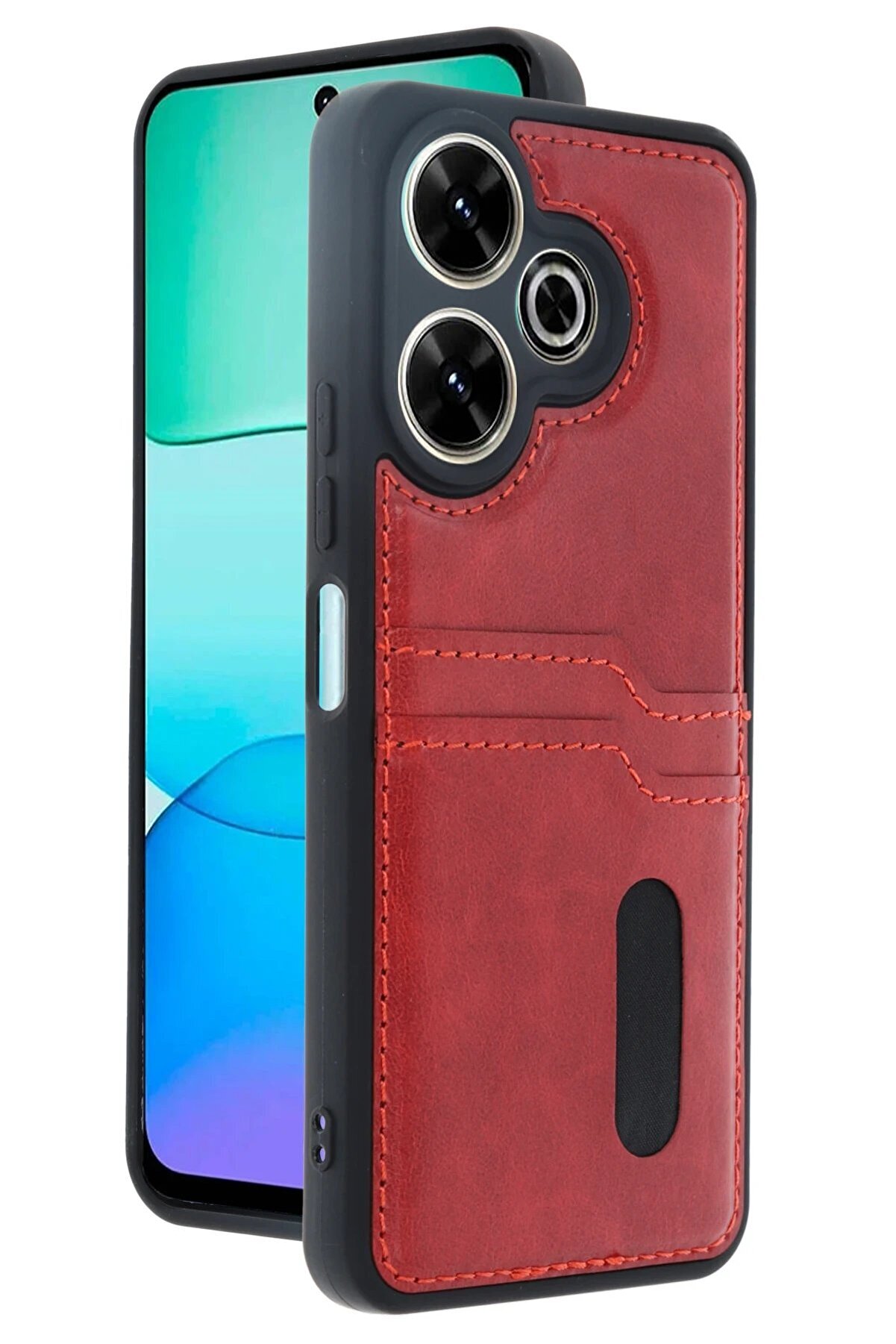 Xi̇aomi̇ Redmi̇ 13 4G Kılıf Sara Kartvi̇zi̇tli̇ Deri̇ Kılıf - Kırmızı - Dropx6134-9816