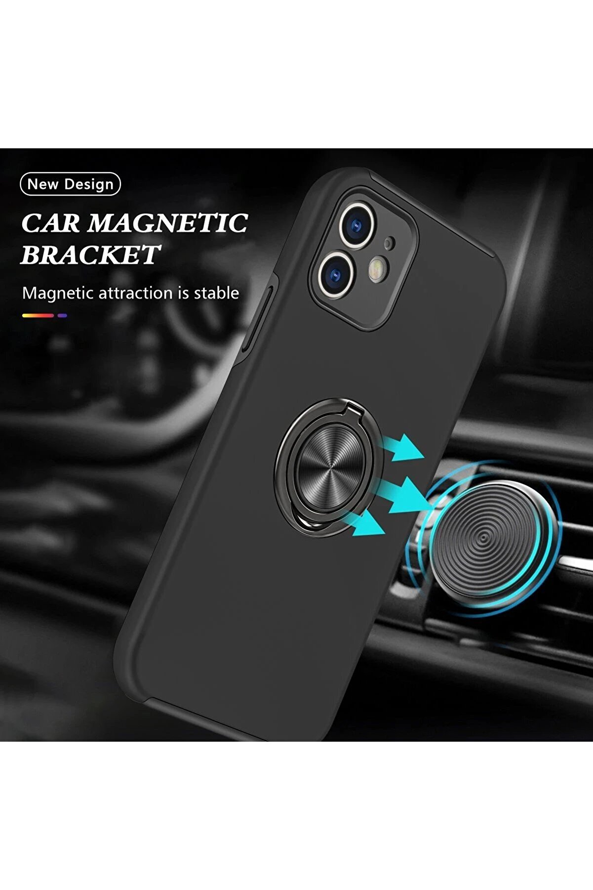 İphone 12 Kılıf Eli̇t Yüzüklü Kapak - Si̇yah - Dropx9217-2893