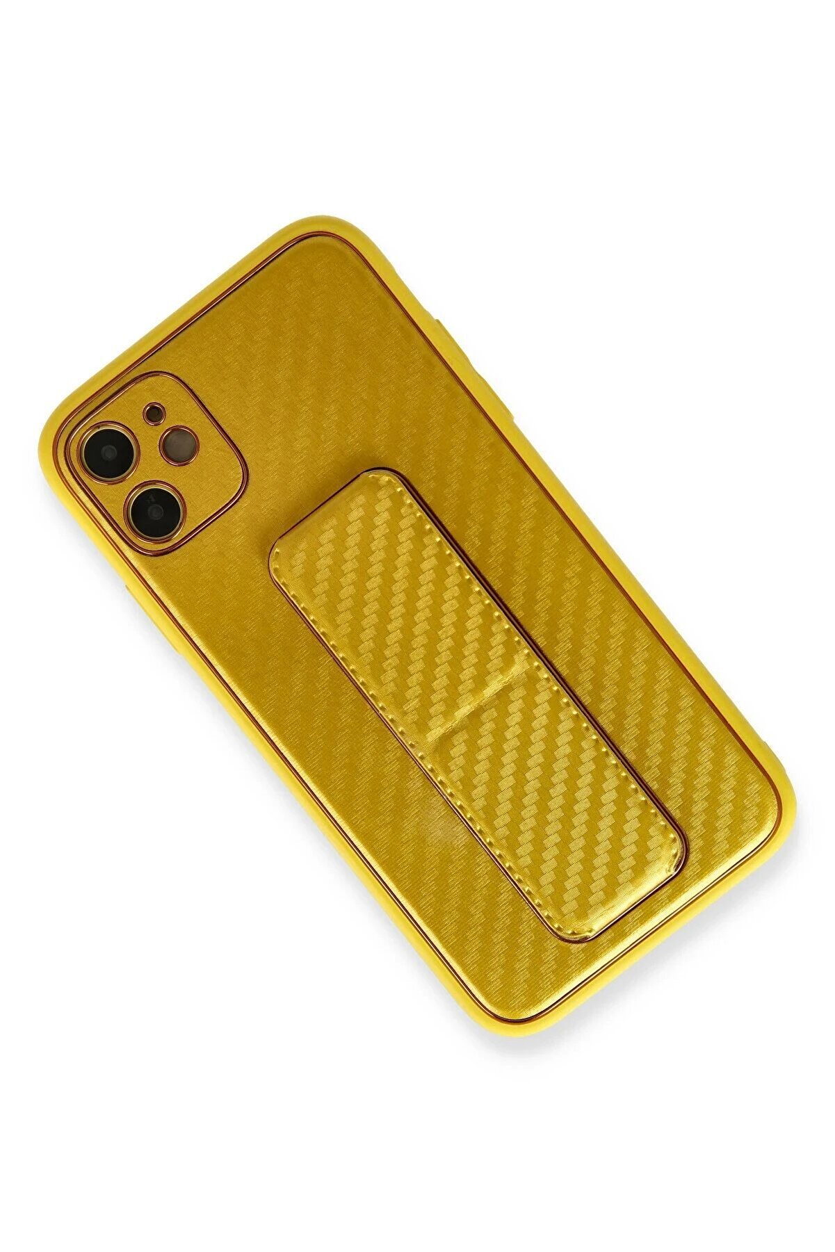 İphone 12 Kılıf Coco Karbon Standlı Kapak - Sarı - Dropx7040-7406