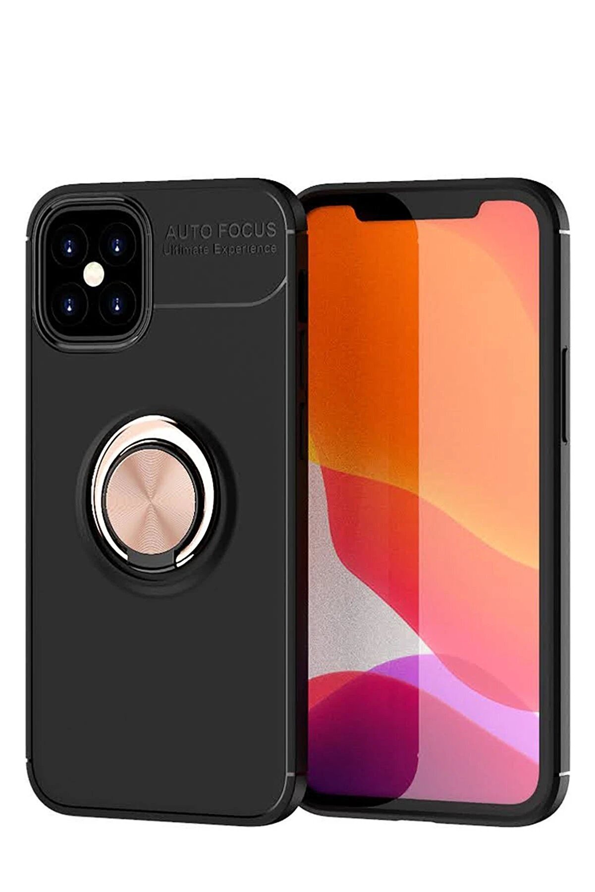 CepteToptan iPhone 12 Mini Kılıf Range Yüzüklü Silikon - Siyah-Gold - DROPX7908-1928