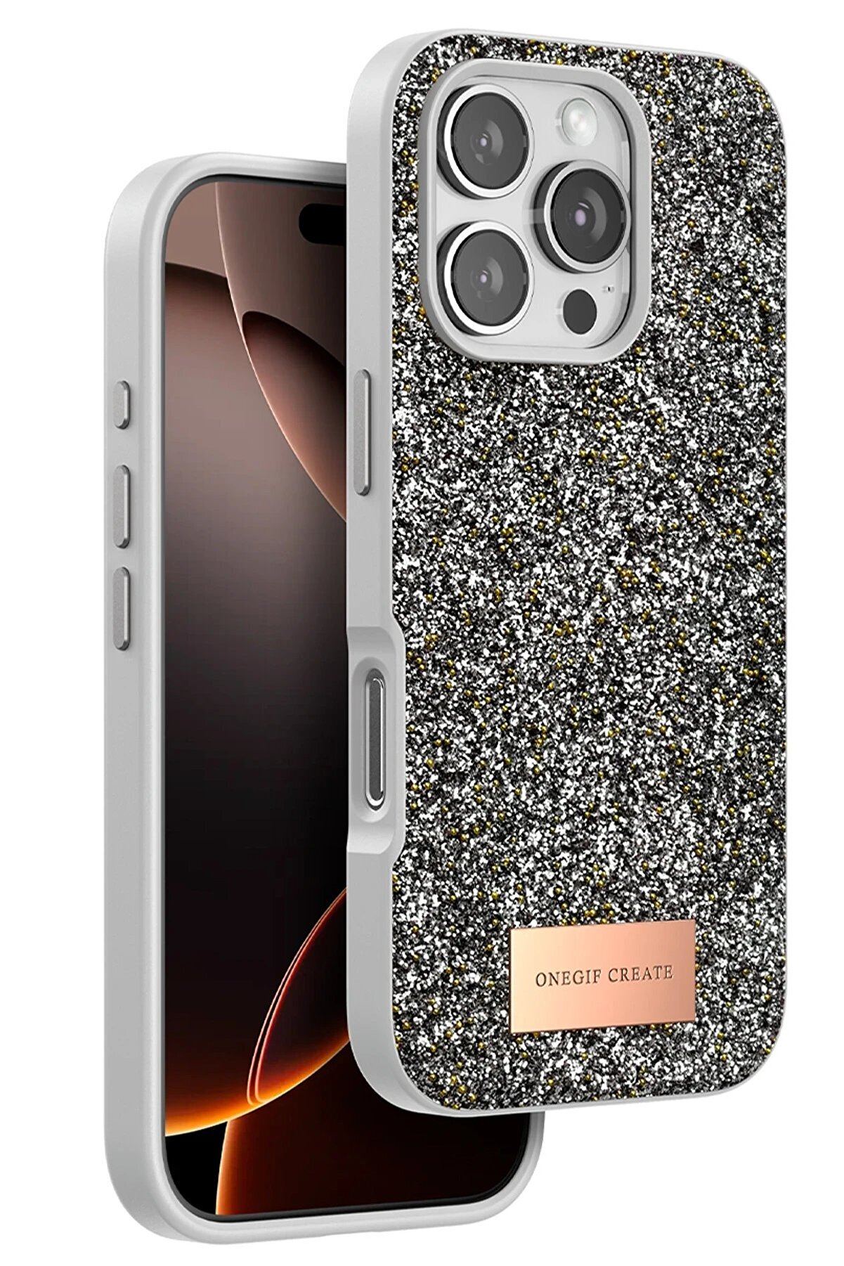 ONEGIF iPhone 16 Pro Bright Simli Kapak - Gümüş