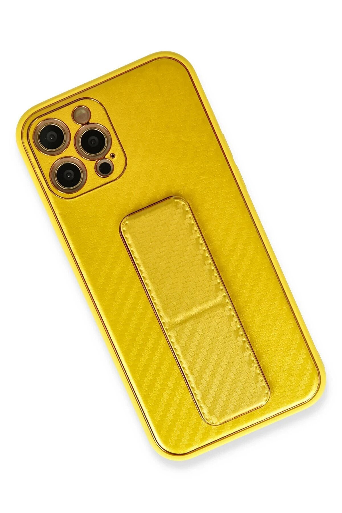 İphone 12 Pro Max Kılıf Coco Karbon Standlı Kapak - Sarı - Dropx2868-3565