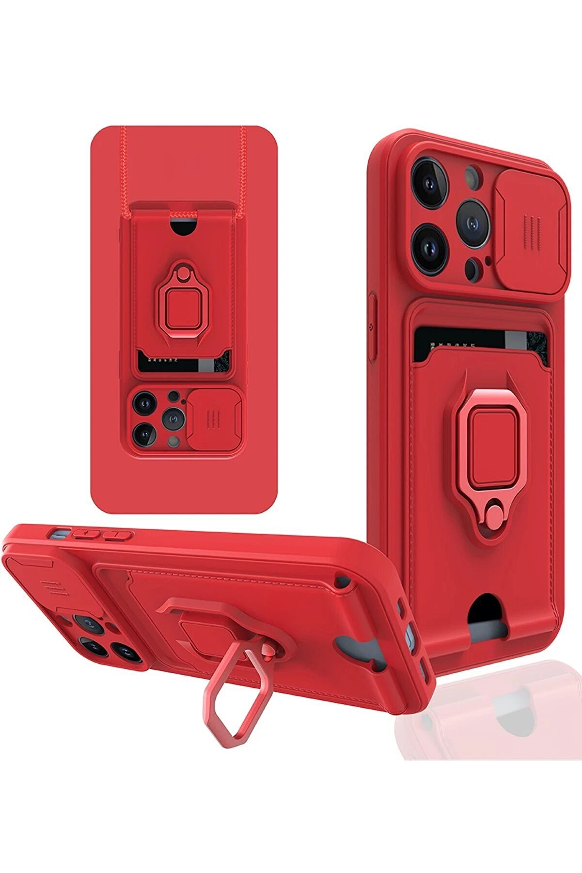 CepteToptan iPhone 14 Pro Max Kılıf Zuma Kartvizitli Yüzüklü Silikon - Kırmızı - DROPX3706-2359