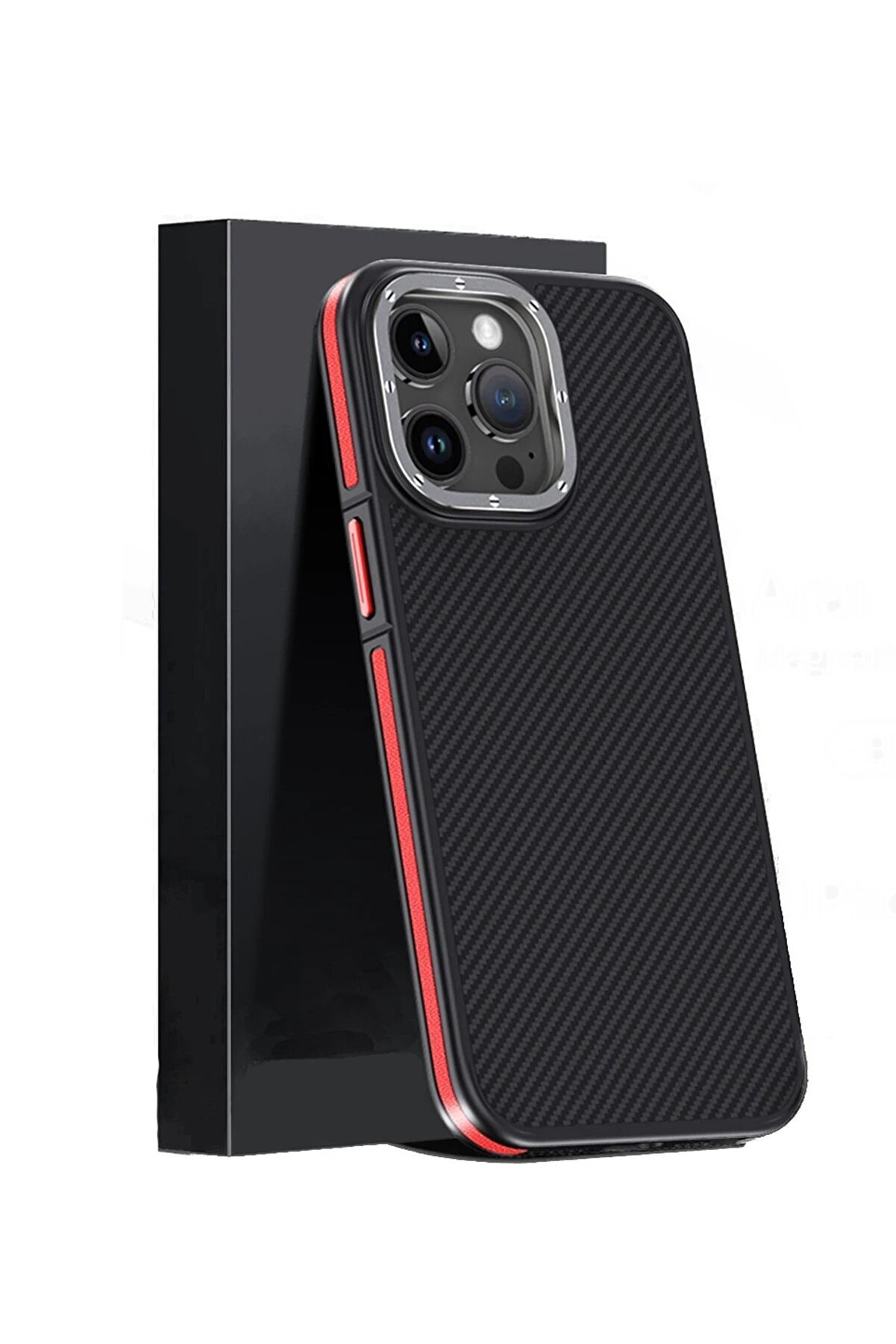 İphone 15 Pro Max Kılıf Arami̇d 600D Kevlar Karbon Fi̇ber Magsafe Kapak - Kırm - Dropx8661-4565
