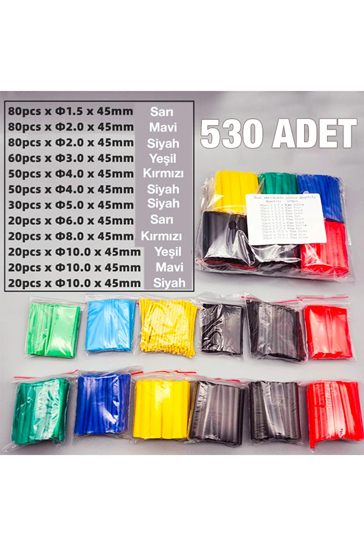 Ally 5 Renk Makaron Isı İle Daralan Kablo Seti̇ 530 Adet 8 Boy Set-(5775) - Gms9954-9082