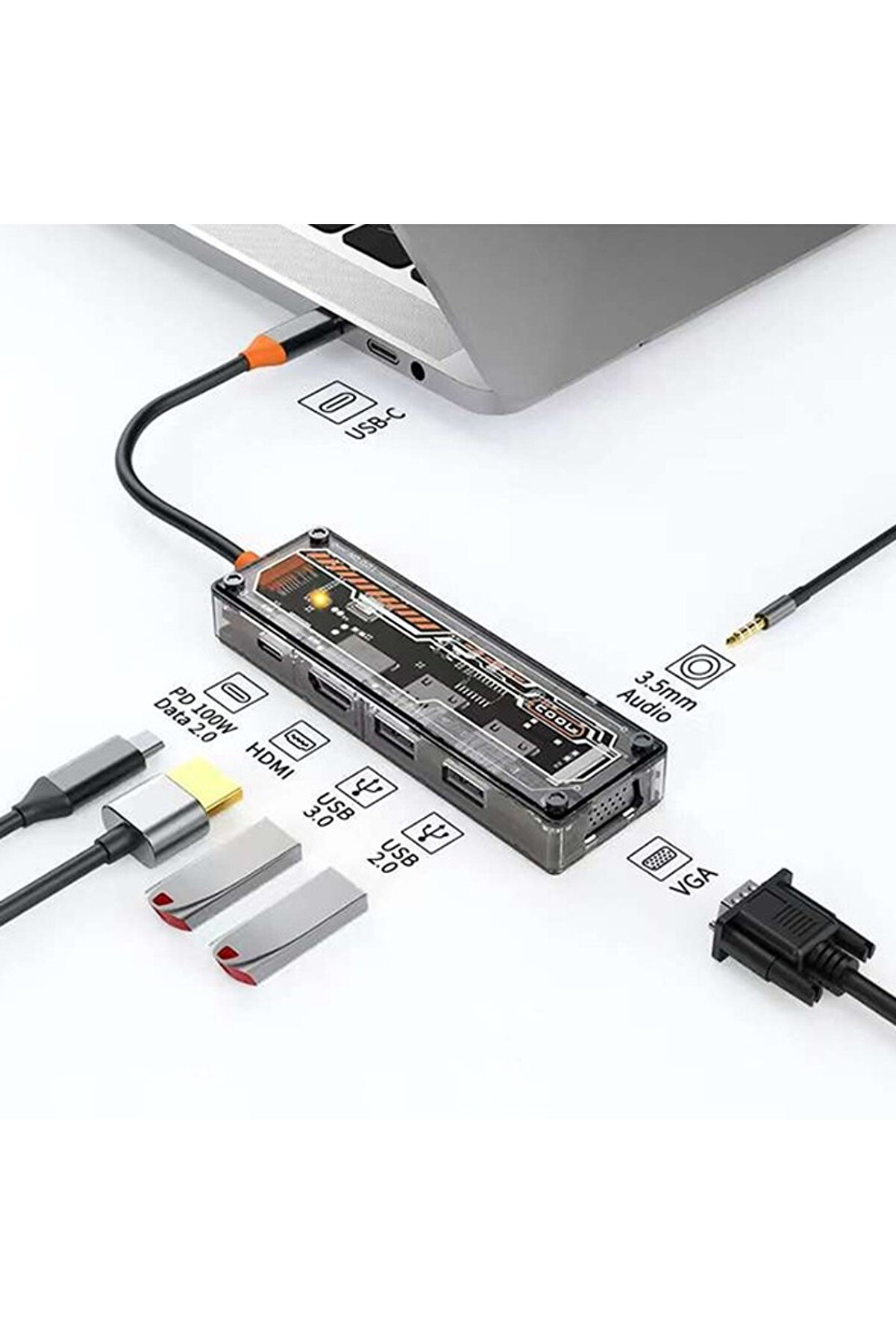 gizmurstore ALLY 6in1 Type-c To USB3.0 + USB2.0 + Type-c PD 100W + HDMI + VGA + 3.5mm Çoğaltı - GMS9117-4368
