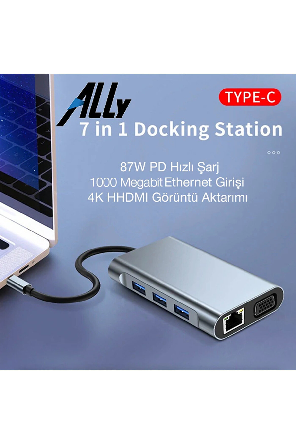 Ally 7İn1 Usb 3.0 + Hdmı + Rj45 + Type-C Hub Adaptör Çevi̇ri̇ci̇ Dock Stati̇on-(19 - Dropx1668-4495