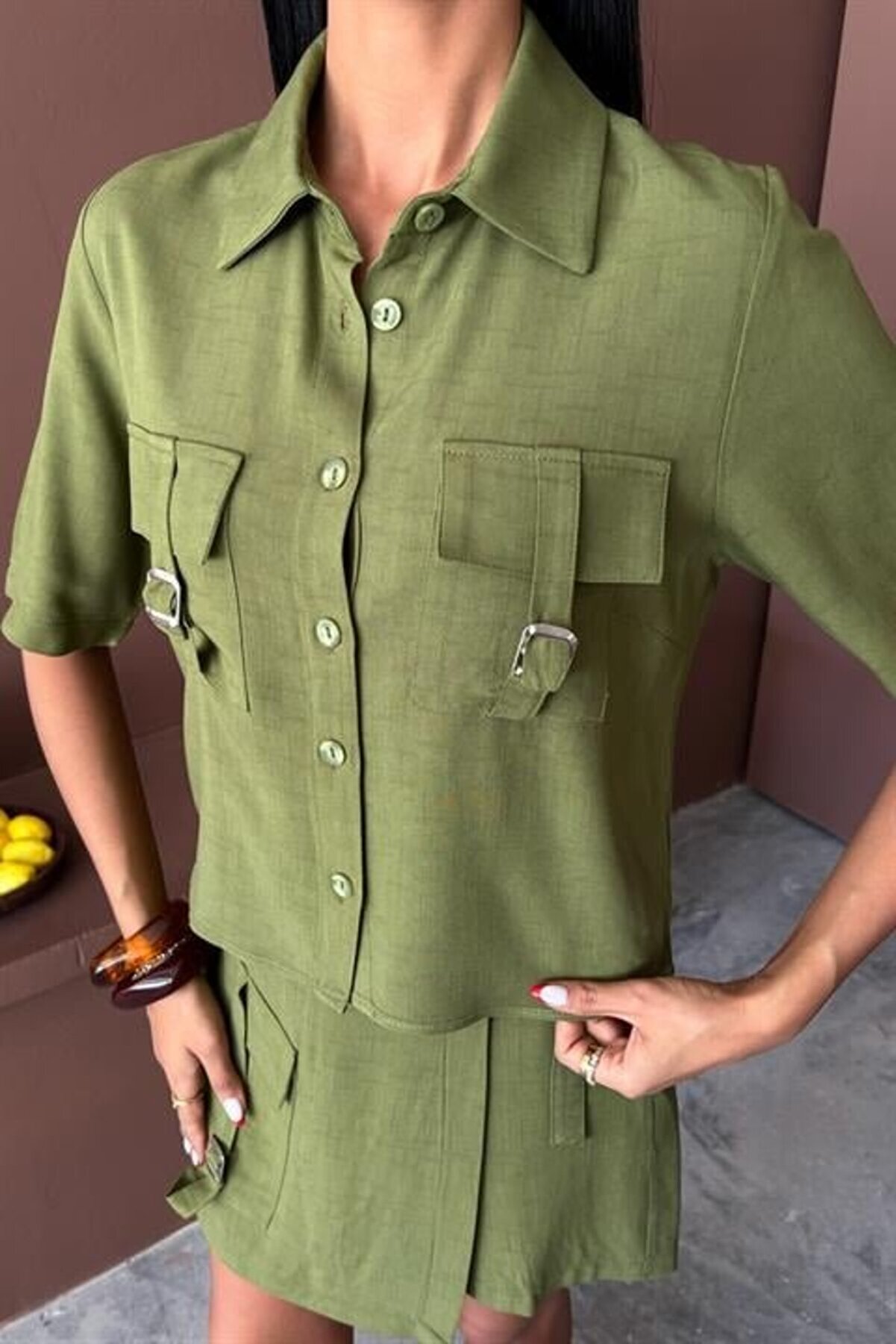 Gömlek Şort Etek Vi̇scon Keten Takım 10162