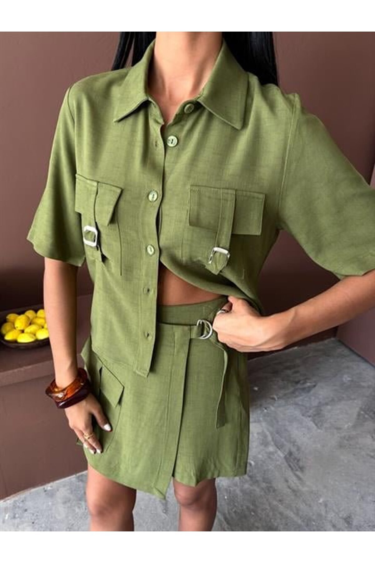 Gömlek Şort Etek Vi̇scon Keten Takım 10162