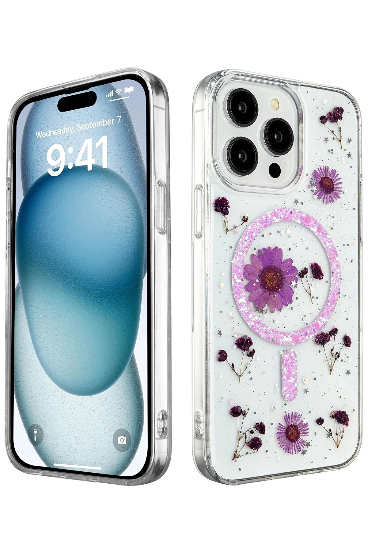 Toptan Bulurum iPhone 14 Pro Kılıf Daisy Simli Magsafe Kapak - Mor