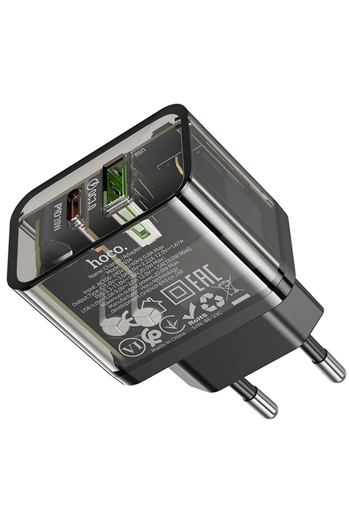 Hoco N34 Pd20W+Qc3.0 Usb+Type-C Gi̇ri̇ş Hızlı Şarj Adaptörü Başlığı-(5775)