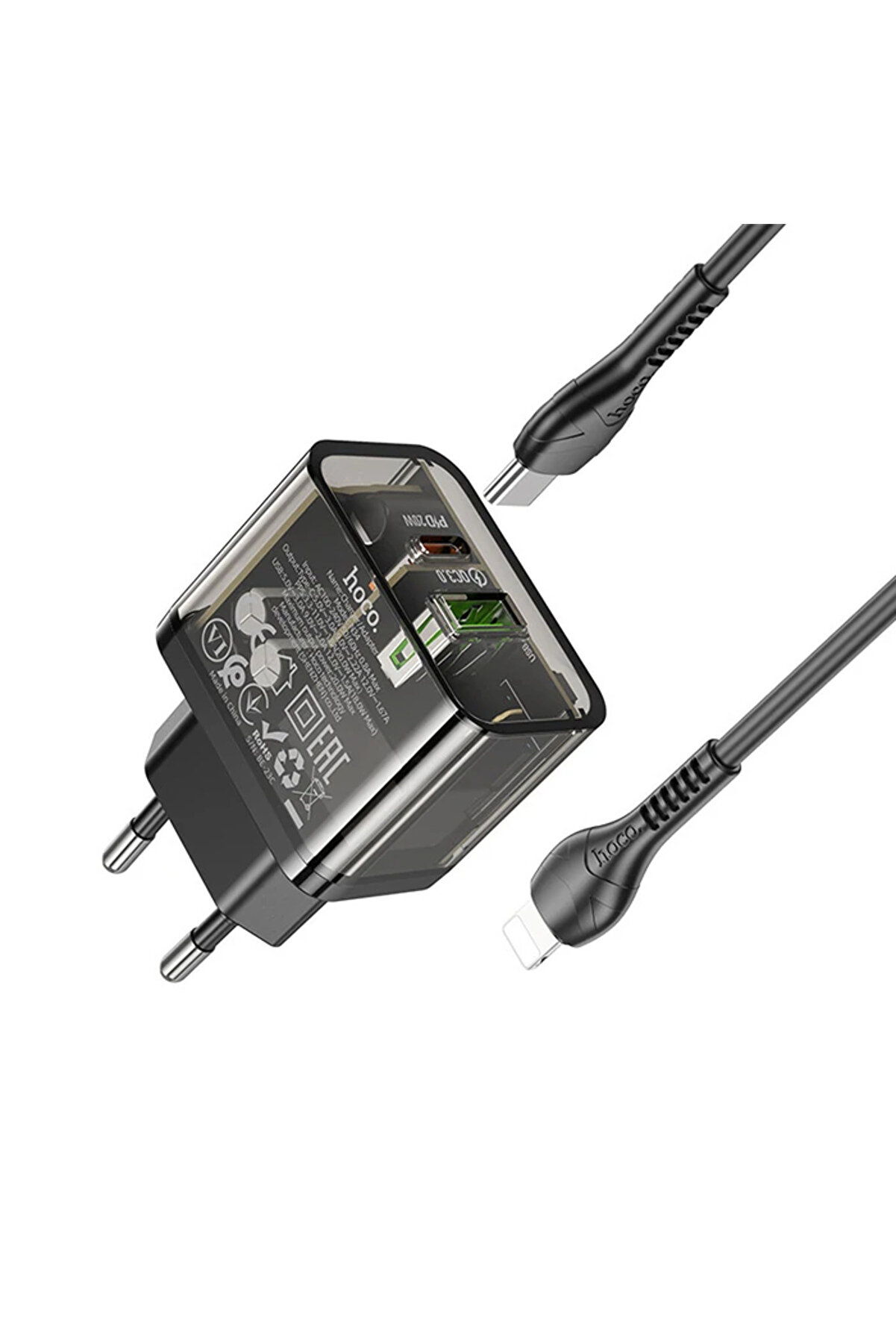 Hoco N34 Pd20W Usb+Type-C + İphone Li̇ghtni̇ng Kablo Hızlı Şarj Adaptör Seti̇-(5775 - Gms9982-4702